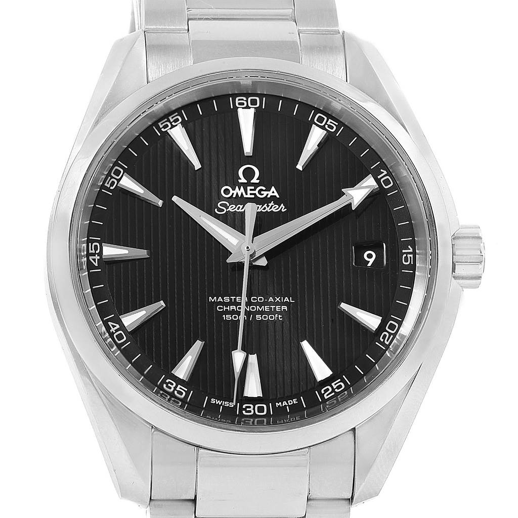 This image shows a front view of the Omega Aqua Terra 231.10.42.21.01.003 Men's Stainless Steel Black Dial 231.10.42.21.01.003 Men's Stainless Steel Black Dial watch, displaying the dial, hands, and date window.