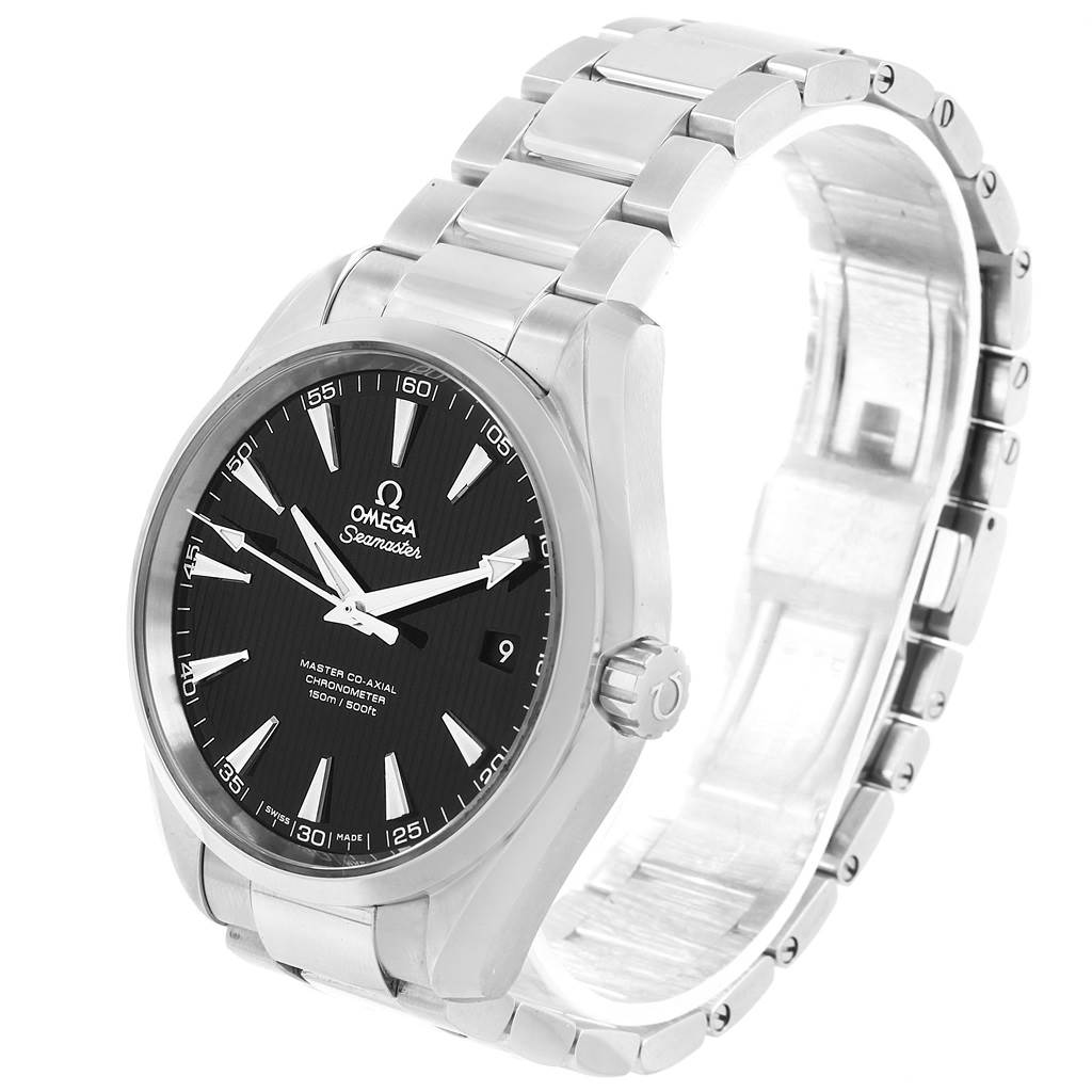 The Omega Aqua Terra 231.10.42.21.01.003 Men's Stainless Steel Black Dial 231.10.42.21.01.003 Men's Stainless Steel Black Dial watch is shown at a three-quarter angle, highlighting its face, bezel, crown, and bracelet.