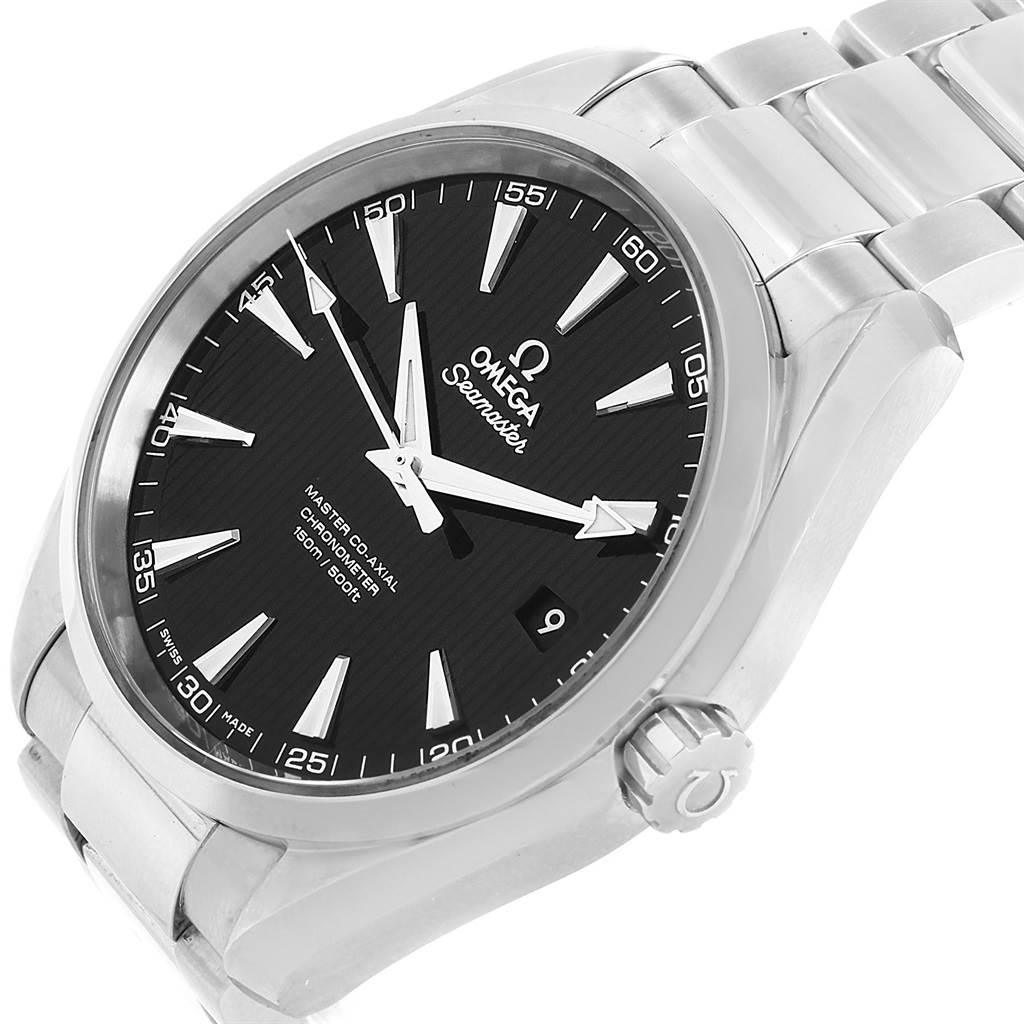 The Omega Aqua Terra 231.10.42.21.01.003 Men's Stainless Steel Black Dial 231.10.42.21.01.003 Men's Stainless Steel Black Dial watch is shown at an oblique angle, displaying its face, bezel, crown, and bracelet.