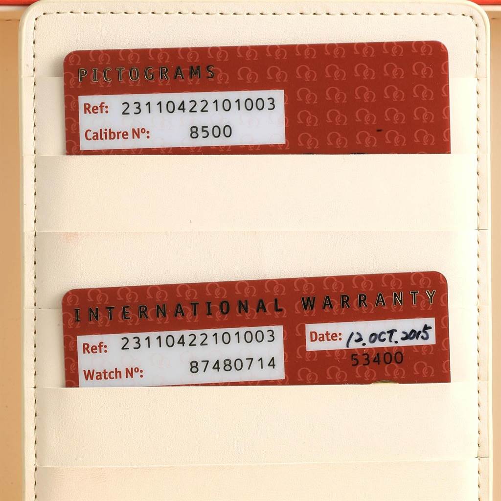 This image shows the pictogram and international warranty cards for the Omega Aqua Terra 231.10.42.21.01.003 Men's Stainless Steel Black Dial 231.10.42.21.01.003 Men's Stainless Steel Black Dial watch model.