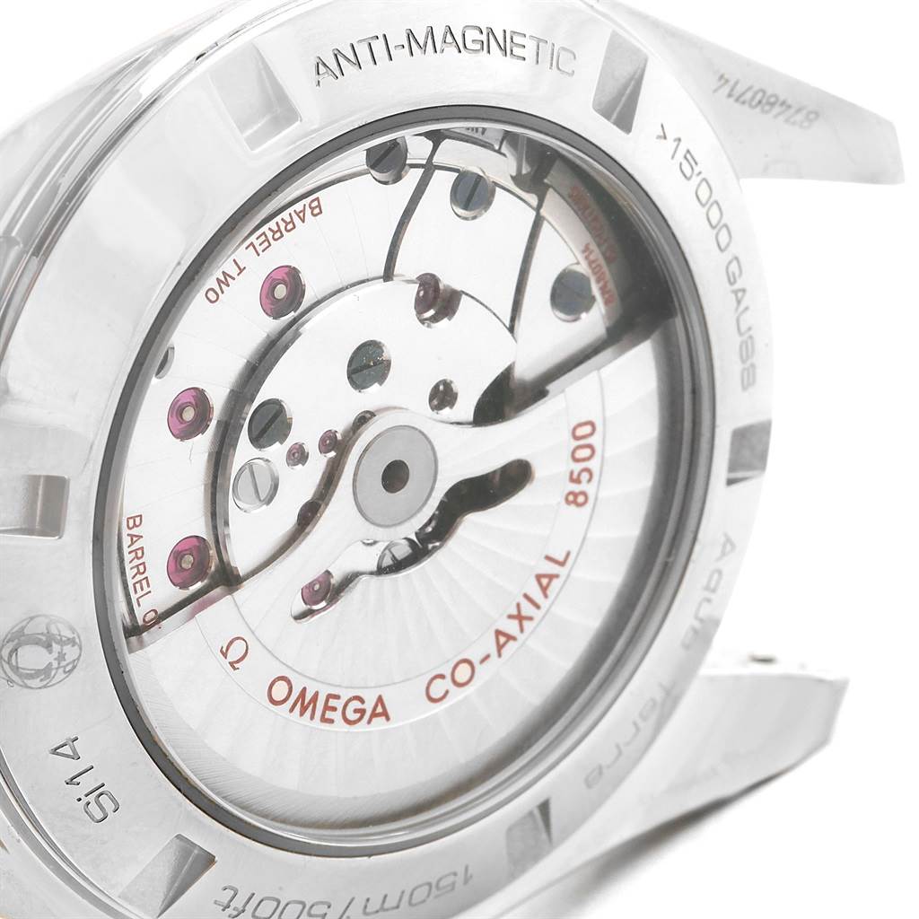 The image shows a close-up of the Omega Aqua Terra 231.10.42.21.01.003 Men's Stainless Steel Black Dial 231.10.42.21.01.003 Men's Stainless Steel Black Dial model's back, highlighting its co-axial movement and anti-magnetic features.