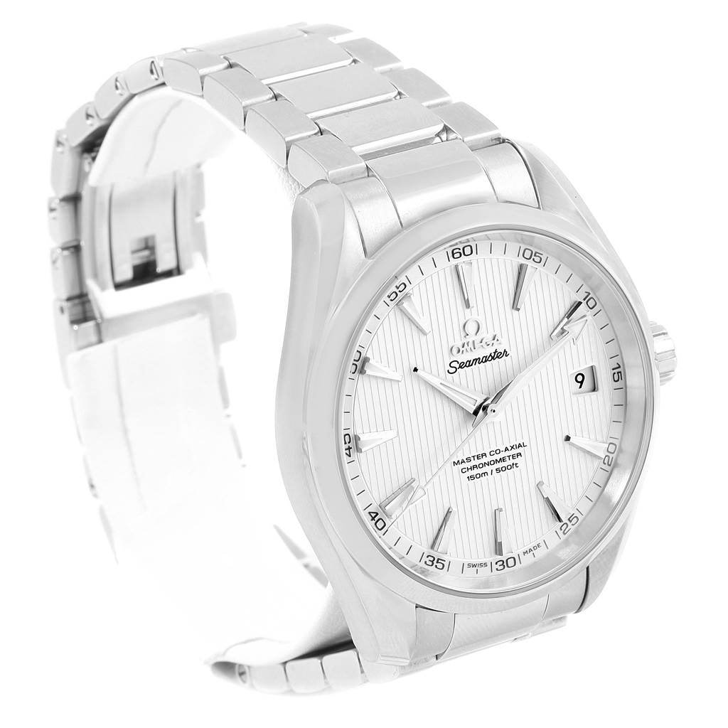 The image shows an Omega Aqua Terra 231.10.42.21.02.001 Men
s Stainless Steel Silver Dial 231.10.42.21.02.001 Men
s Stainless Steel Silver Dial watch angled from the front-left, displaying the face, bezel, crown, and part of the bracelet.