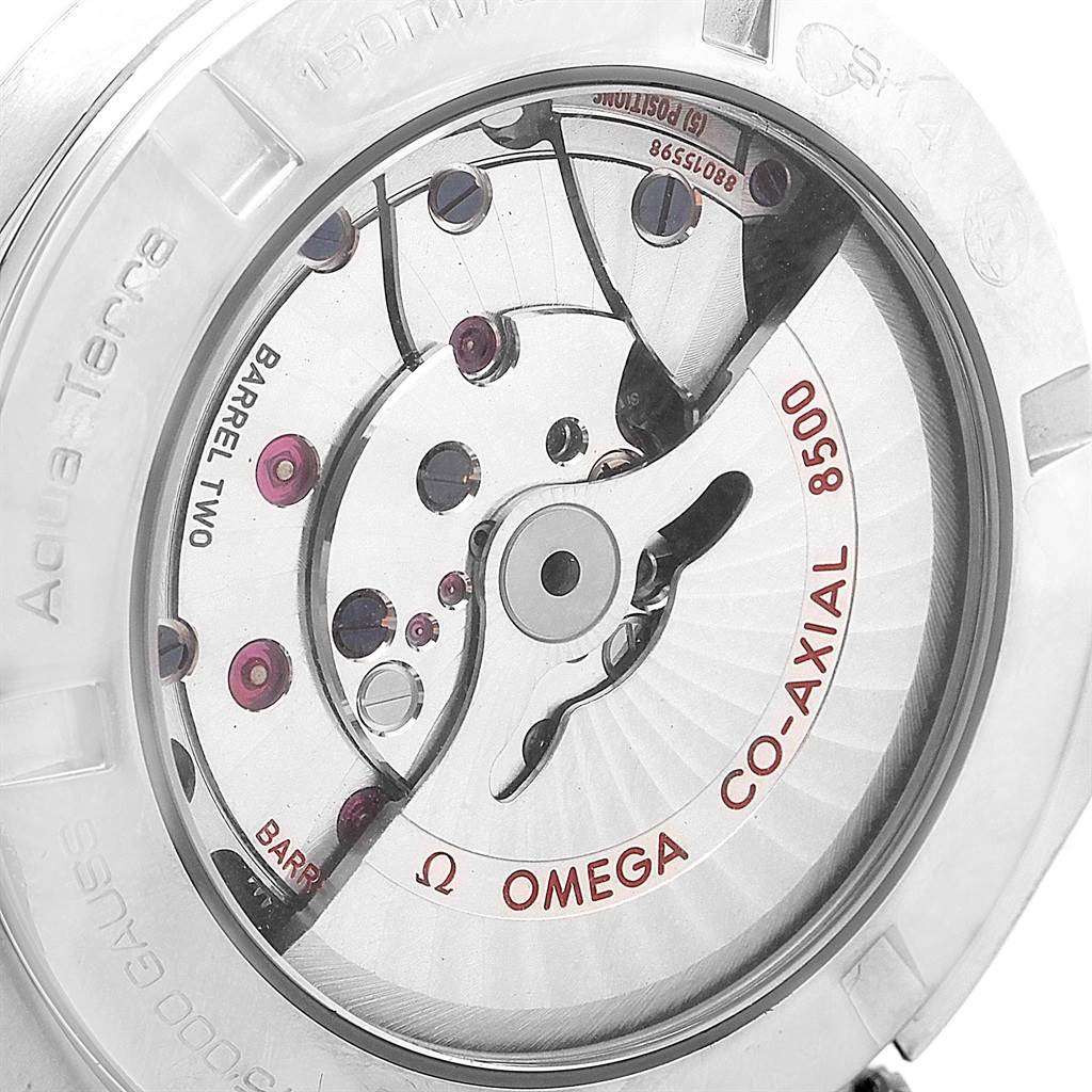 This image shows the back view of an Omega Aqua Terra 231.10.42.21.02.001 Men
s Stainless Steel Silver Dial 231.10.42.21.02.001 Men
s Stainless Steel Silver Dial watch, highlighting the 8500 Co-Axial movement.