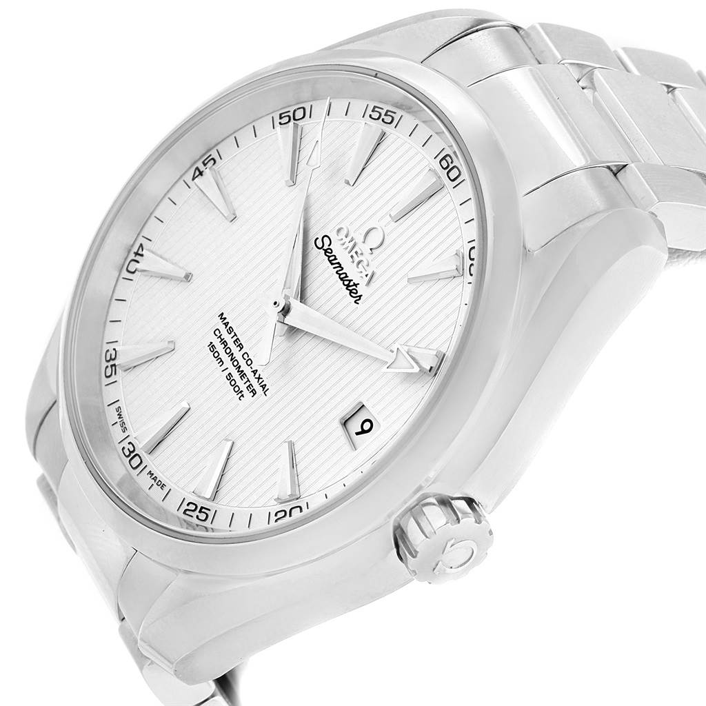 The image shows a side angle view of the Omega Aqua Terra 231.10.42.21.02.001 Men
s Stainless Steel Silver Dial 231.10.42.21.02.001 Men
s Stainless Steel Silver Dial watch, focusing on the face, crown, and stainless steel bracelet.