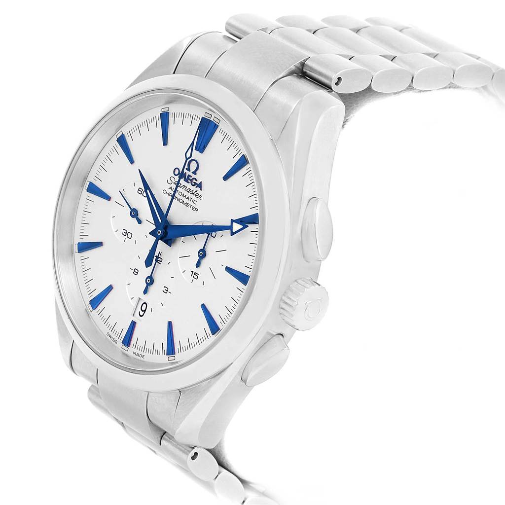 This image shows an Omega Aqua Terra 2512.30.00 Men
s Stainless Steel Silver Dial 2512.30.00 Men
s Stainless Steel Silver Dial watch at a slight angle, displaying the face, crown, pushers, and part of the bracelet.