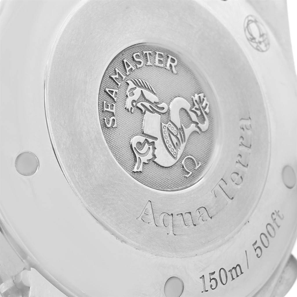 The image shows the case back of an Omega Aqua Terra 2512.30.00 Men
s Stainless Steel Silver Dial 2512.30.00 Men
s Stainless Steel Silver Dial watch, featuring "Seamaster" engraving along with depth rating.