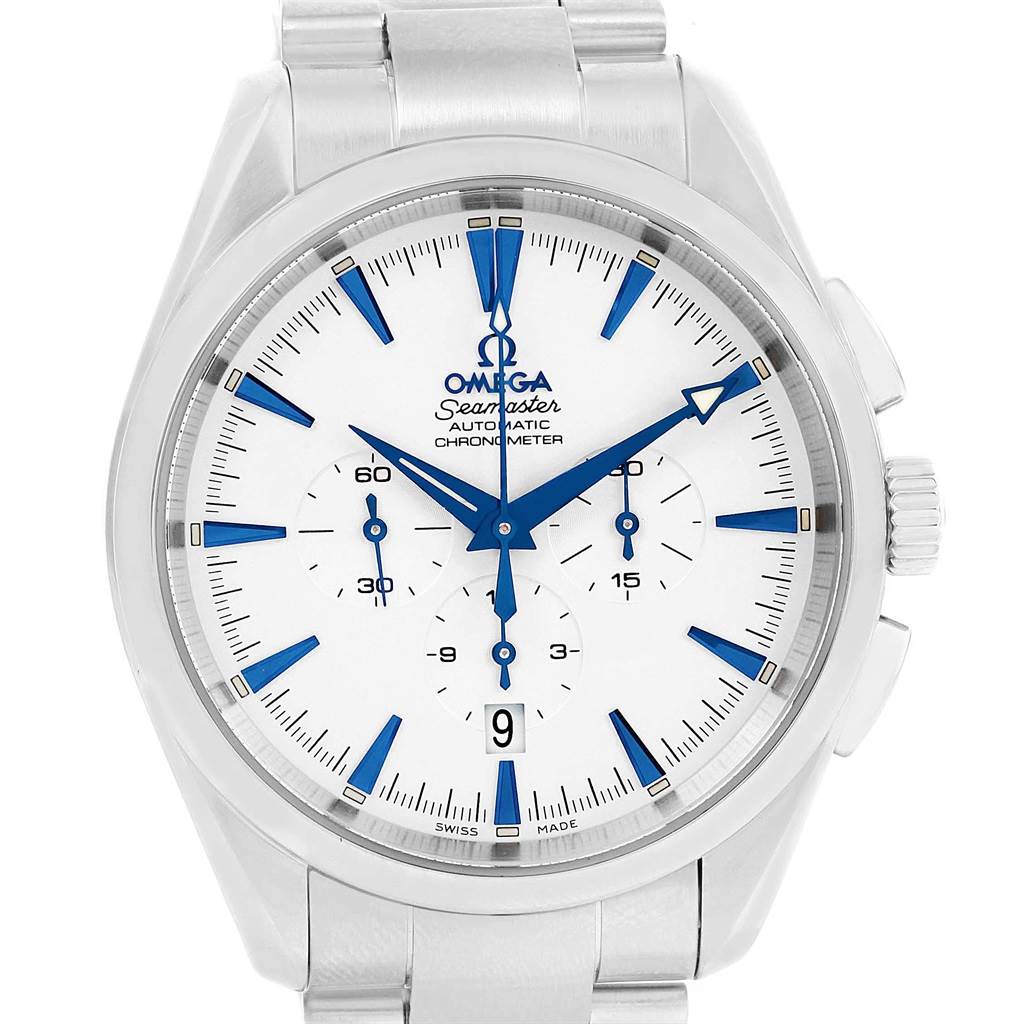 The image shows a front view of the Omega Aqua Terra 2512.30.00 Men
s Stainless Steel Silver Dial 2512.30.00 Men
s Stainless Steel Silver Dial watch, featuring a white dial, blue markers, and a stainless steel bracelet.