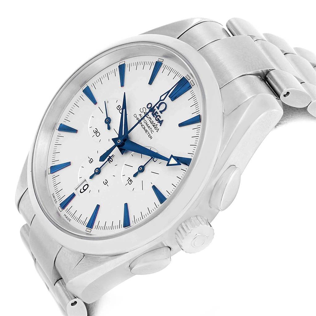 The Omega Aqua Terra 2512.30.00 Men
s Stainless Steel Silver Dial 2512.30.00 Men
s Stainless Steel Silver Dial watch is shown at an angled close-up, highlighting the dial, hands, crown, and part of the bracelet.