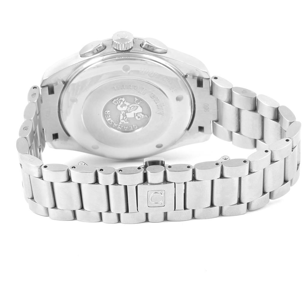 The image shows the back view of an Omega Aqua Terra 2512.30.00 Men
s Stainless Steel Silver Dial 2512.30.00 Men
s Stainless Steel Silver Dial watch, highlighting the case back and stainless steel bracelet.