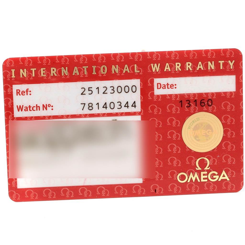 This image shows the International Warranty card for the Omega Aqua Terra 2512.30.00 Men
s Stainless Steel Silver Dial 2512.30.00 Men
s Stainless Steel Silver Dial watch model.