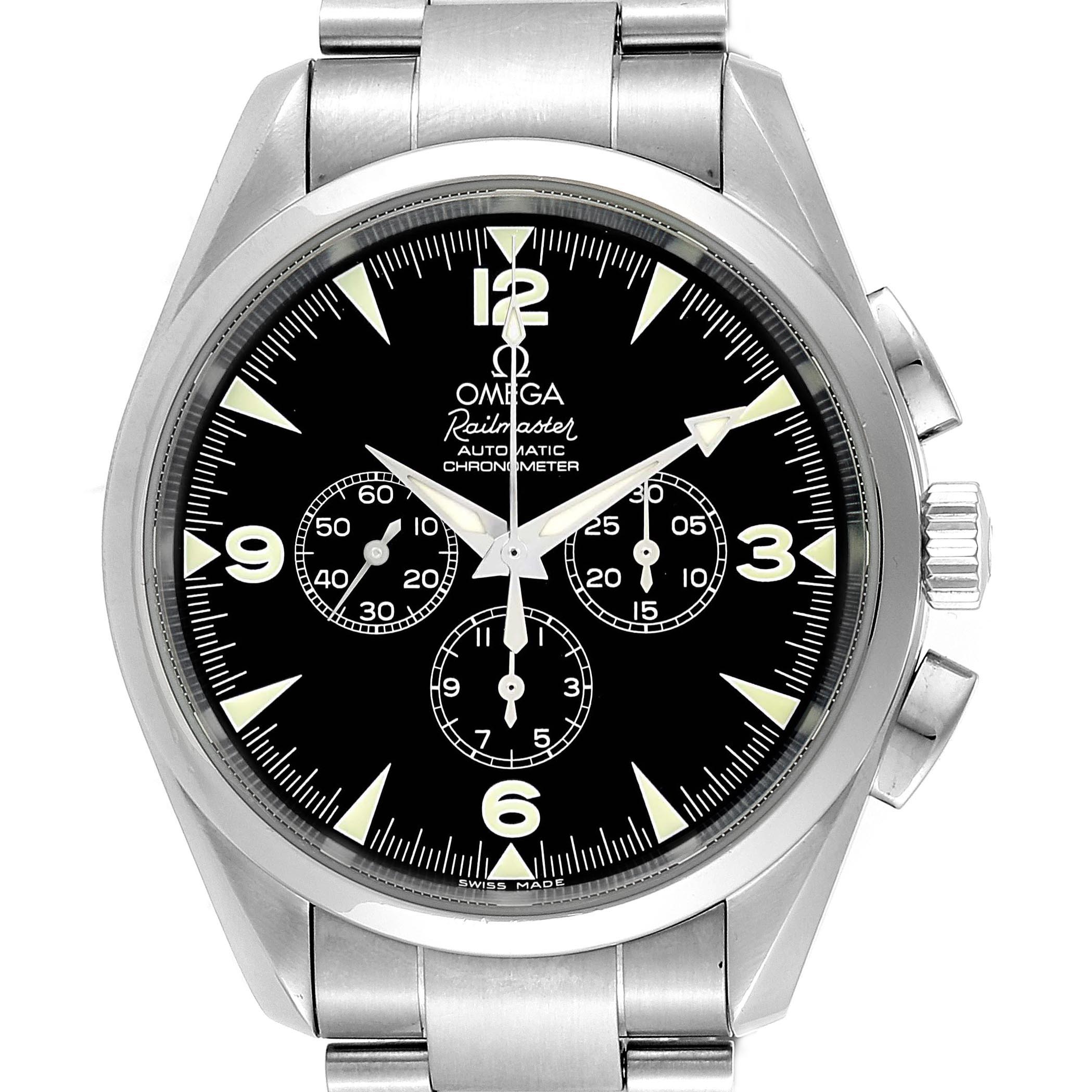 This image shows a front view of the Omega Aqua Terra 2512.52.00 Men's Stainless Steel Black Dial 2512.52.00 Men's Stainless Steel Black Dial Railmaster watch, highlighting its face, bezel, and bracelet.