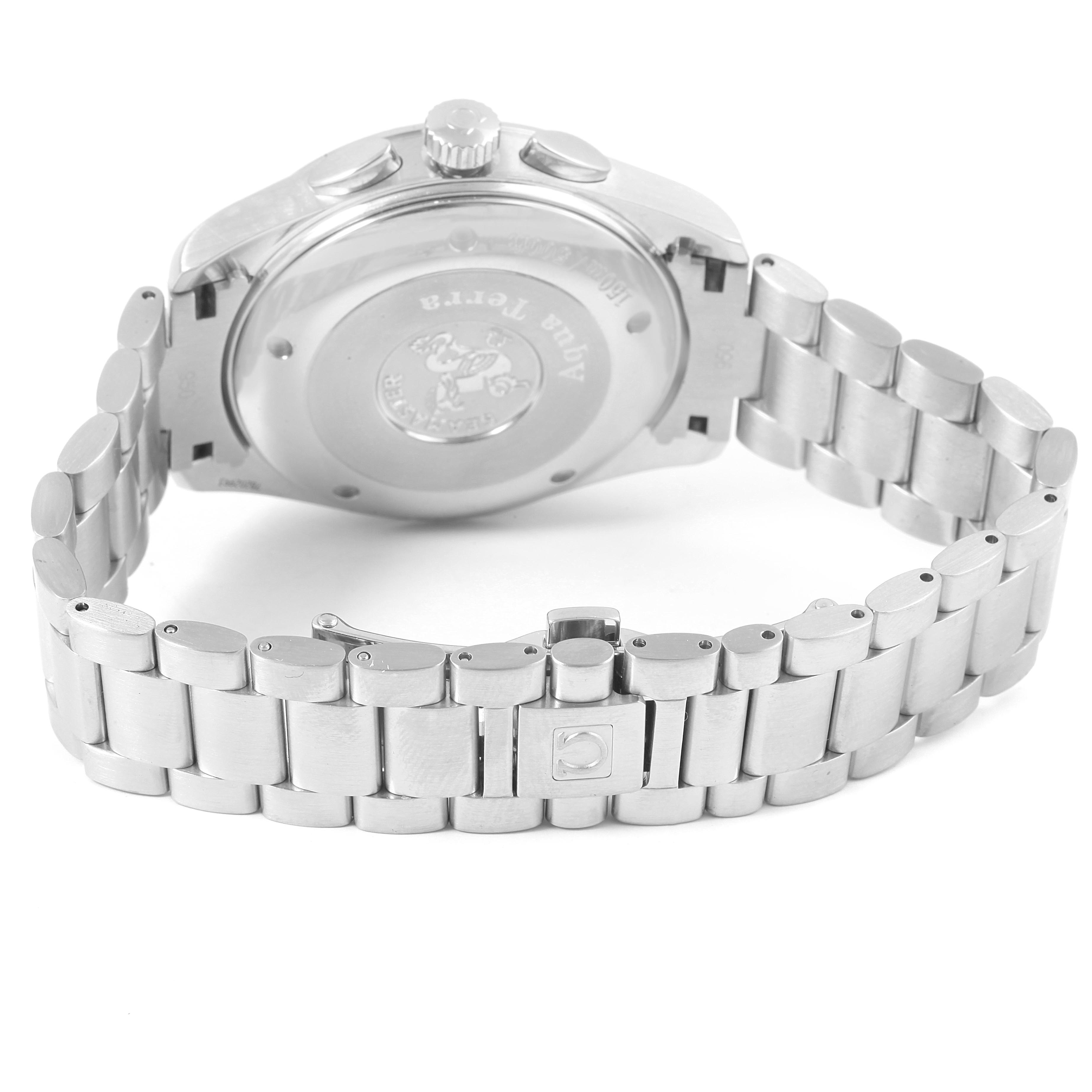 This image shows the back of the Omega Aqua Terra 2512.52.00 Men's Stainless Steel Black Dial 2512.52.00 Men's Stainless Steel Black Dial watch model, focusing on the case back and metal bracelet.