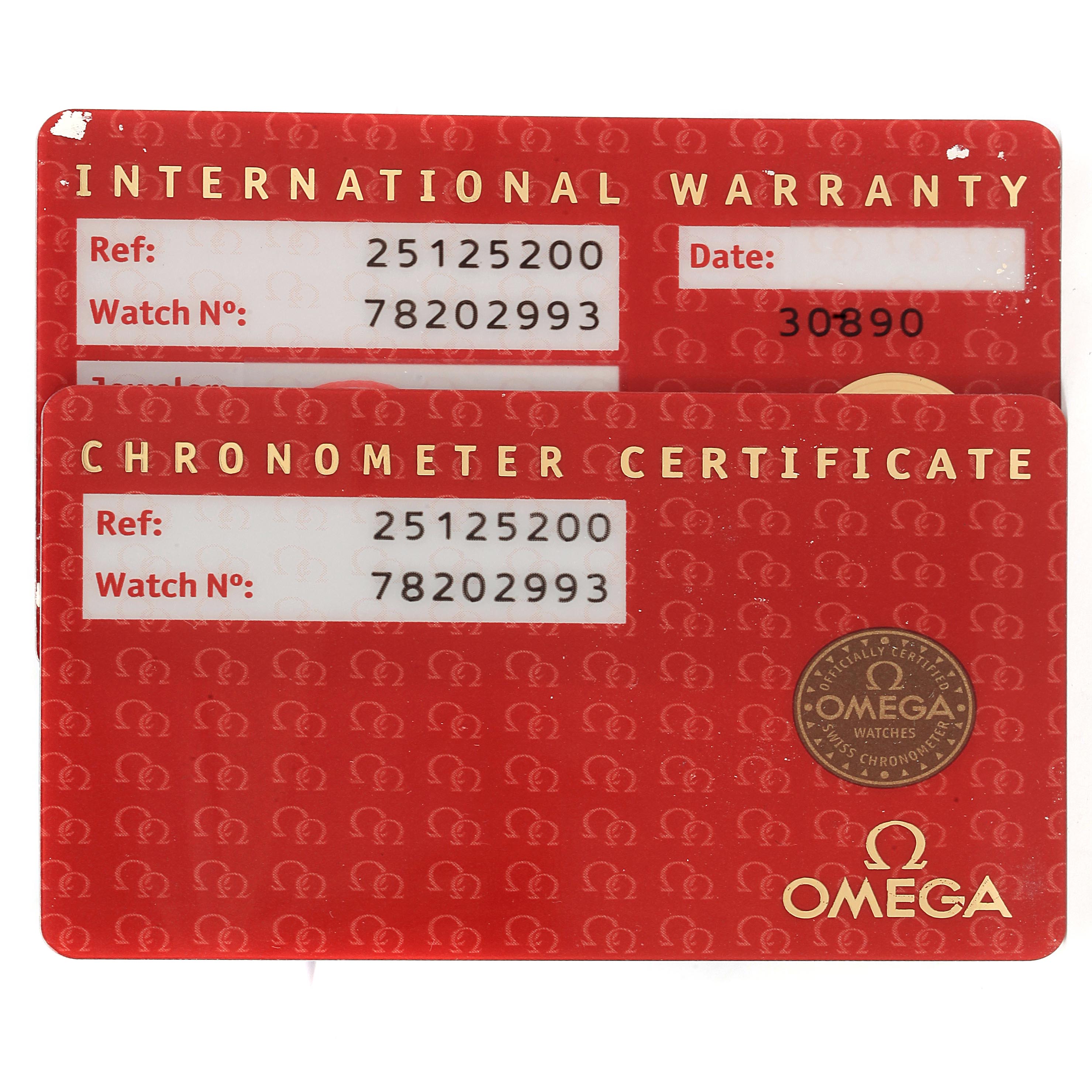The image shows the international warranty card and chronometer certificate for the Omega Aqua Terra 2512.52.00 Men's Stainless Steel Black Dial 2512.52.00 Men's Stainless Steel Black Dial model.