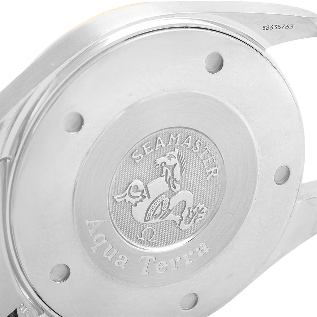 The image shows the back case of the Omega Seamaster Aqua Terra watch with an engraved logo and text.