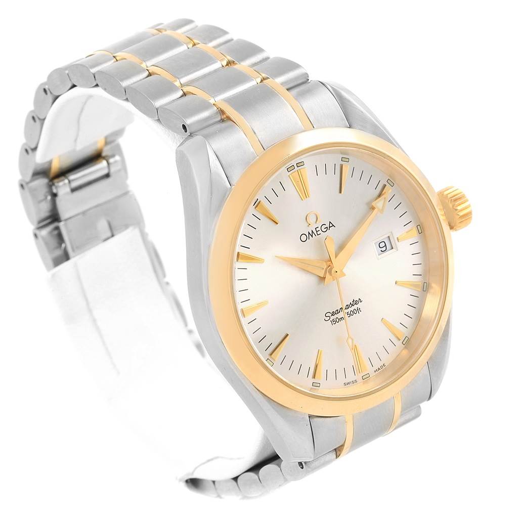 The Omega Aqua Terra 2317.30.00 Men
s Steel and Gold (two tone) Silver Dial 2317.30.00 Men
s Steel and Gold (two tone) Silver Dial watch is shown at a front-side angle, displaying its dial, bezel, crown, and the metal bracelet with gold accents.