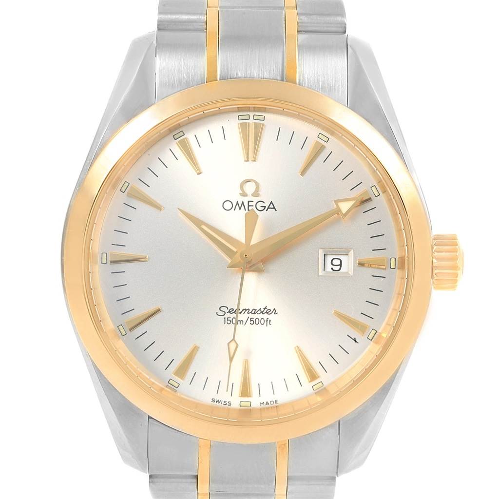 The Omega Aqua Terra 2317.30.00 Men
s Steel and Gold (two tone) Silver Dial 2317.30.00 Men
s Steel and Gold (two tone) Silver Dial watch is shown from a front angle, displaying its dial, bezel, and part of its bracelet.
