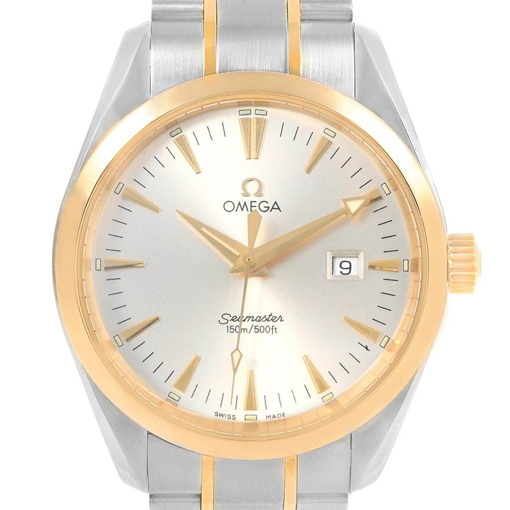 This Omega Aqua Terra 2317.30.00 Men
s Steel and Gold (two tone) Silver Dial 2317.30.00 Men
s Steel and Gold (two tone) Silver Dial watch is shown from a front angle, displaying its dial, hands, bezel, and part of the bracelet.