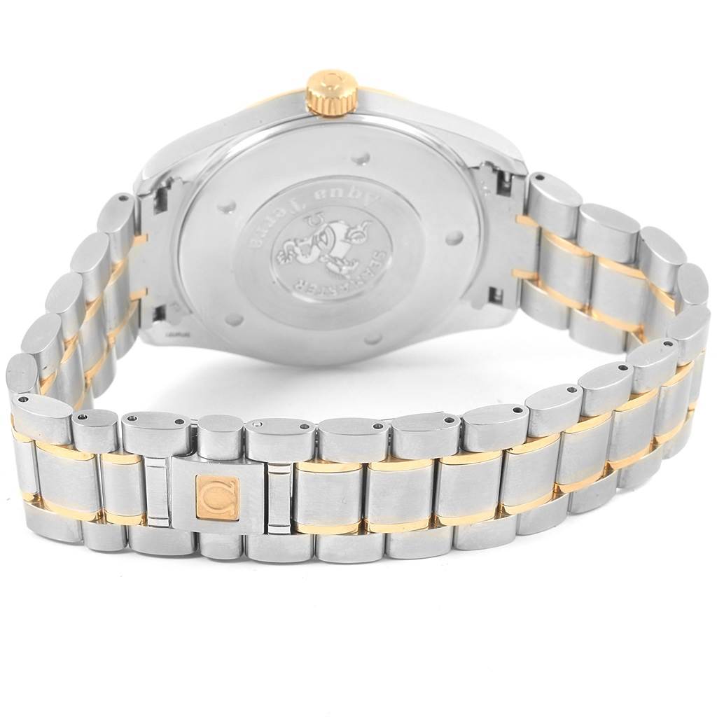 This image shows the back view of the Omega Aqua Terra 2317.30.00 Men
s Steel and Gold (two tone) Silver Dial 2317.30.00 Men
s Steel and Gold (two tone) Silver Dial watch, highlighting its case back and two-tone metal bracelet.