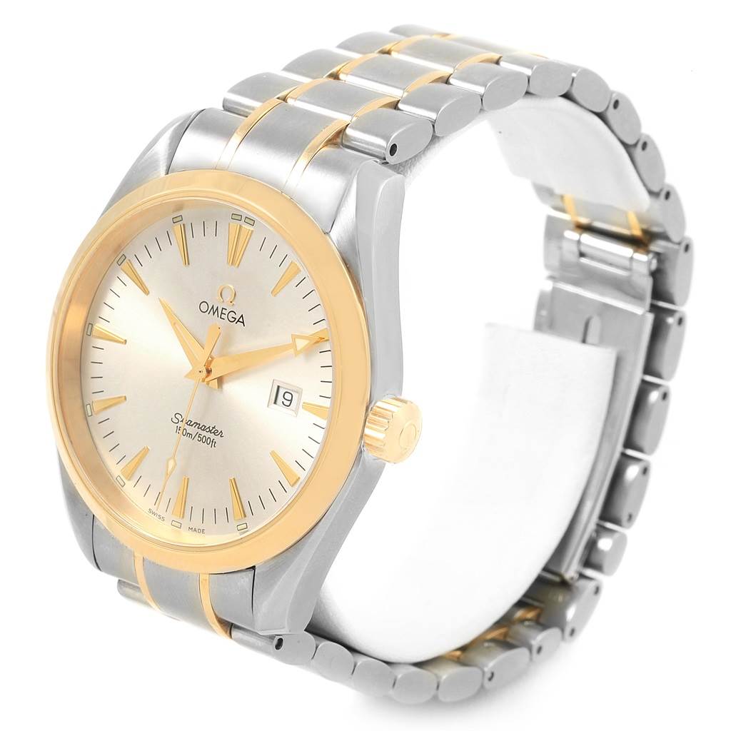 The image shows an angled side view of the Omega Aqua Terra 2317.30.00 Men
s Steel and Gold (two tone) Silver Dial 2317.30.00 Men
s Steel and Gold (two tone) Silver Dial watch, highlighting its face, bezel, crown, and bracelet.