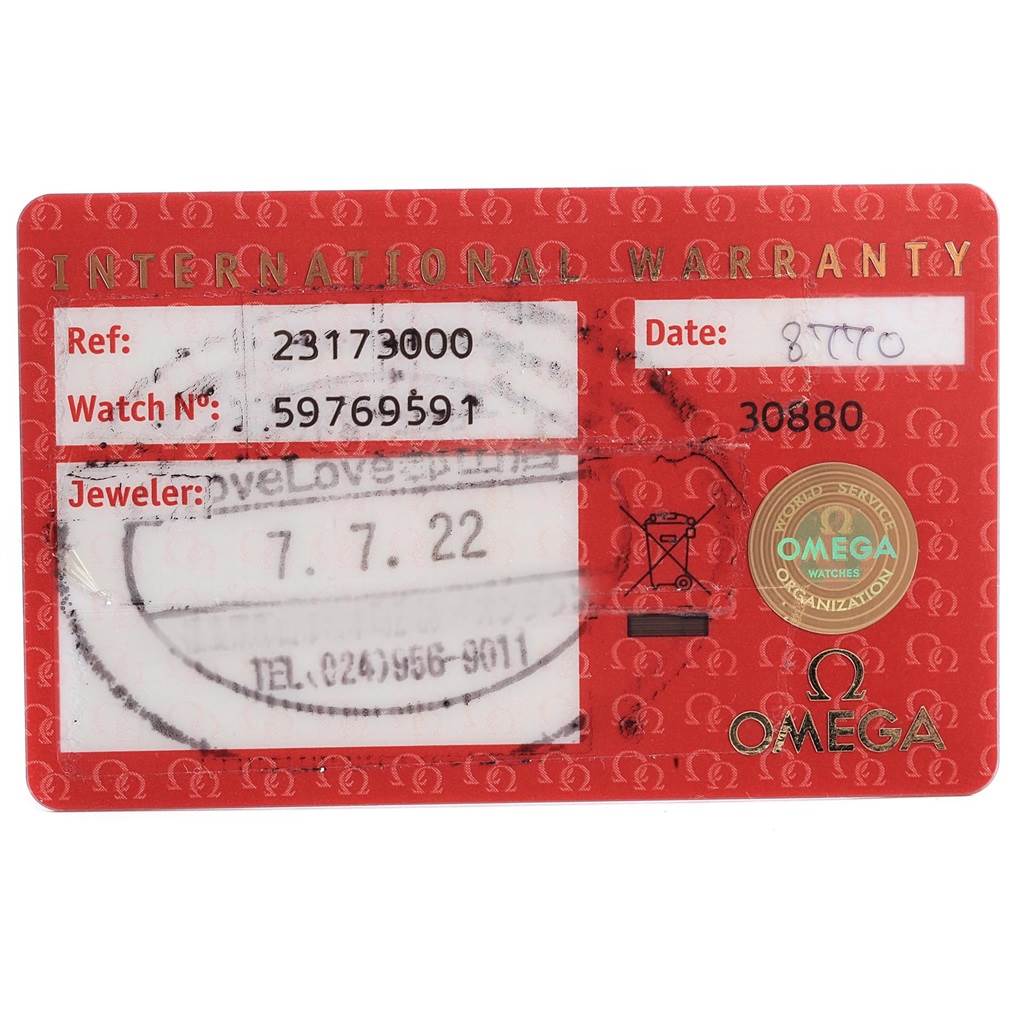 This image shows the International Warranty card for the Omega Aqua Terra 2317.30.00 Men
s Steel and Gold (two tone) Silver Dial 2317.30.00 Men
s Steel and Gold (two tone) Silver Dial watch model.