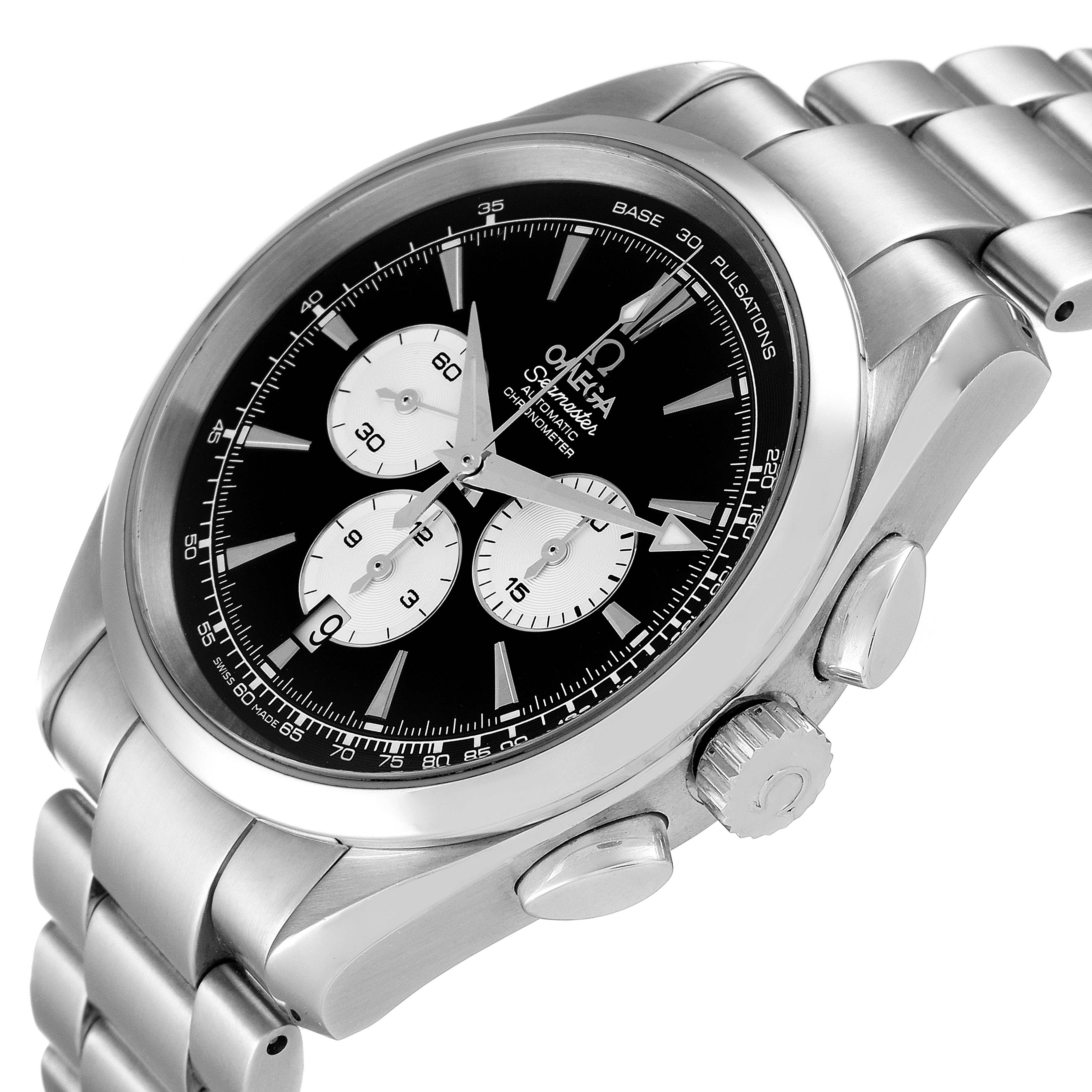 This Omega Aqua Terra 221.10.42.40.01.002 Men
s Stainless Steel Black Dial 221.10.42.40.01.002 Men
s Stainless Steel Black Dial watch is shown at a slight angled view, highlighting the dial, crown, and pushers.