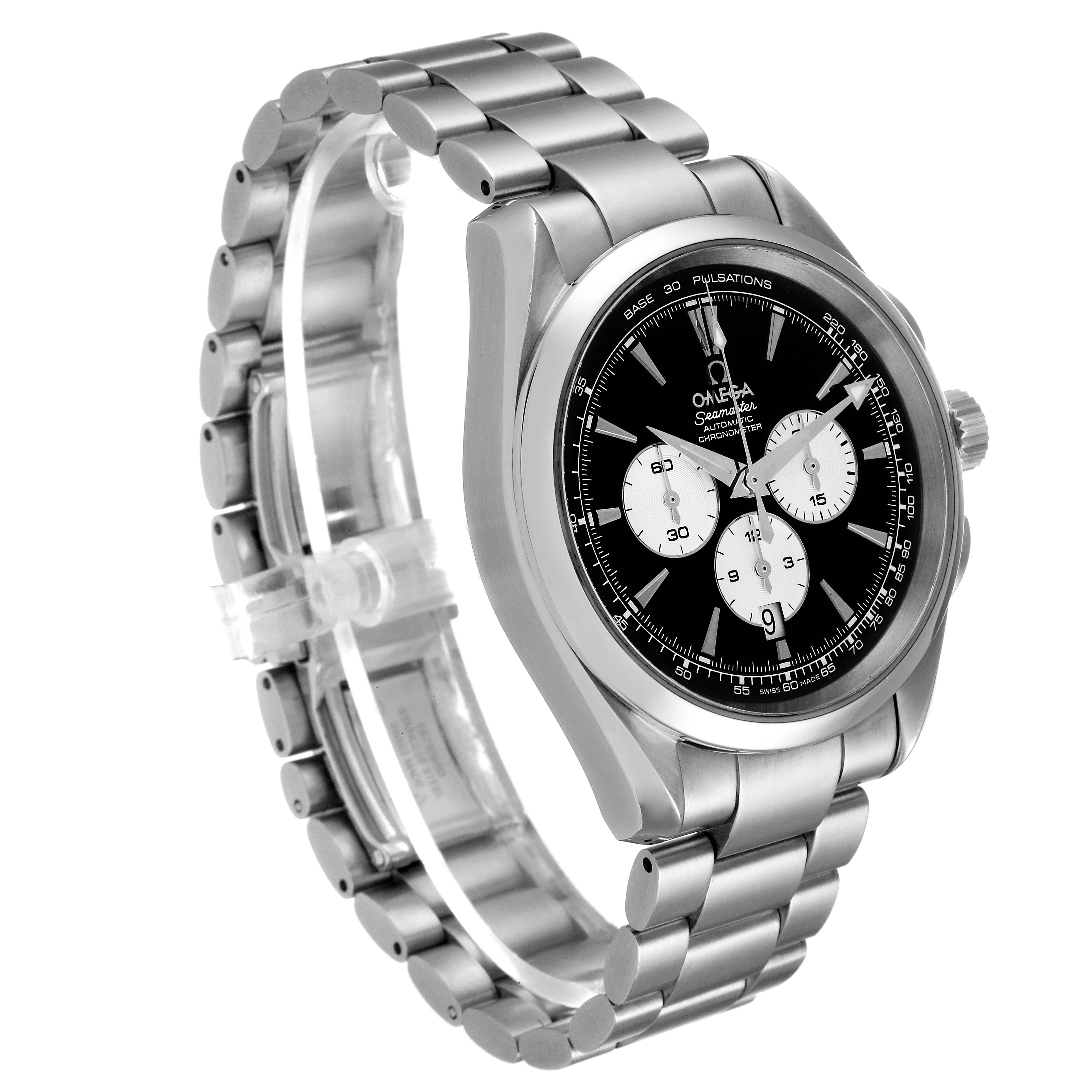 The Omega Aqua Terra 221.10.42.40.01.002 Men
s Stainless Steel Black Dial 221.10.42.40.01.002 Men
s Stainless Steel Black Dial watch is shown at an angled view, displaying its stainless steel bracelet and black chronograph dial.