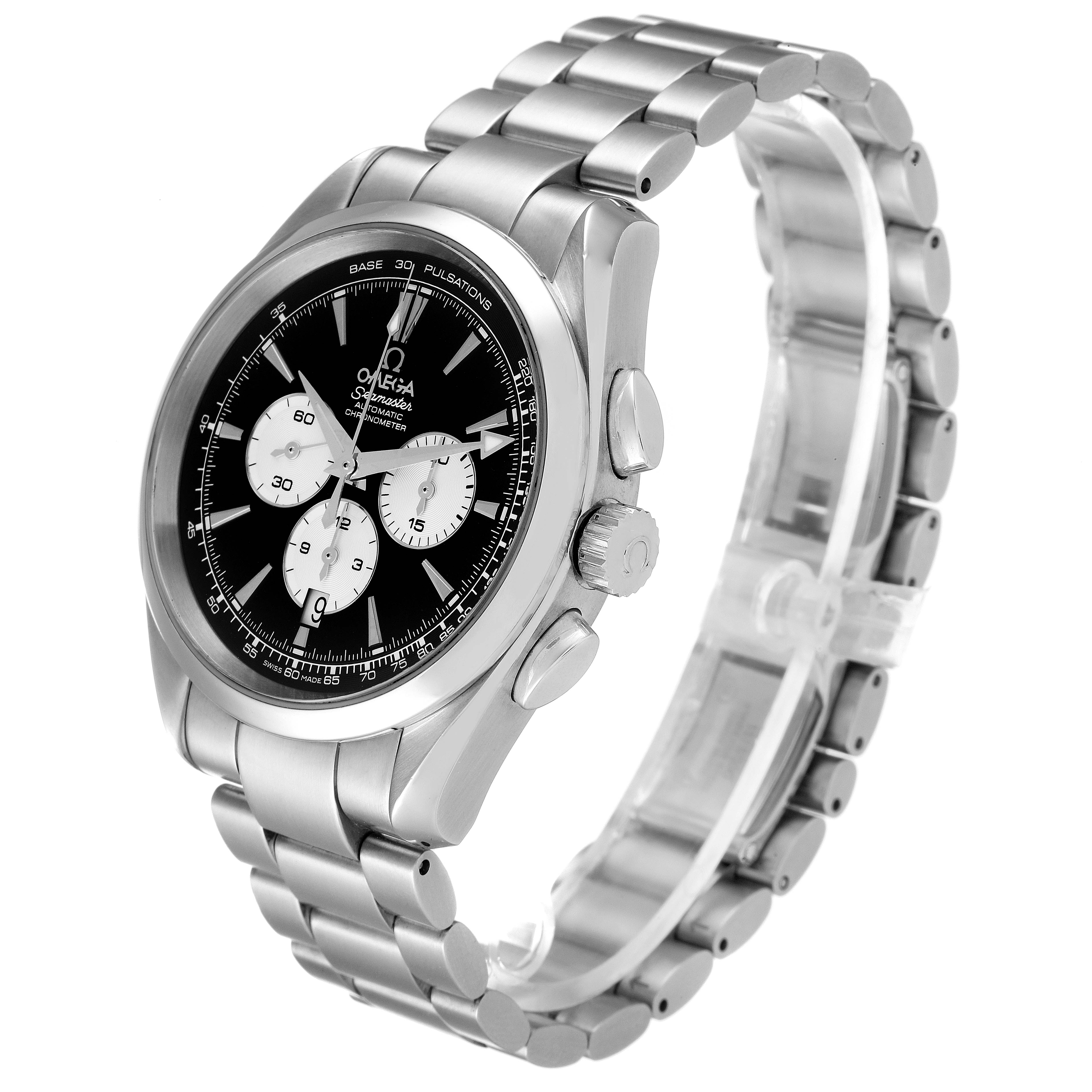 This image shows an angled view of the Omega Aqua Terra 221.10.42.40.01.002 Men
s Stainless Steel Black Dial 221.10.42.40.01.002 Men
s Stainless Steel Black Dial watch, highlighting the face, bezel, crown, and bracelet.