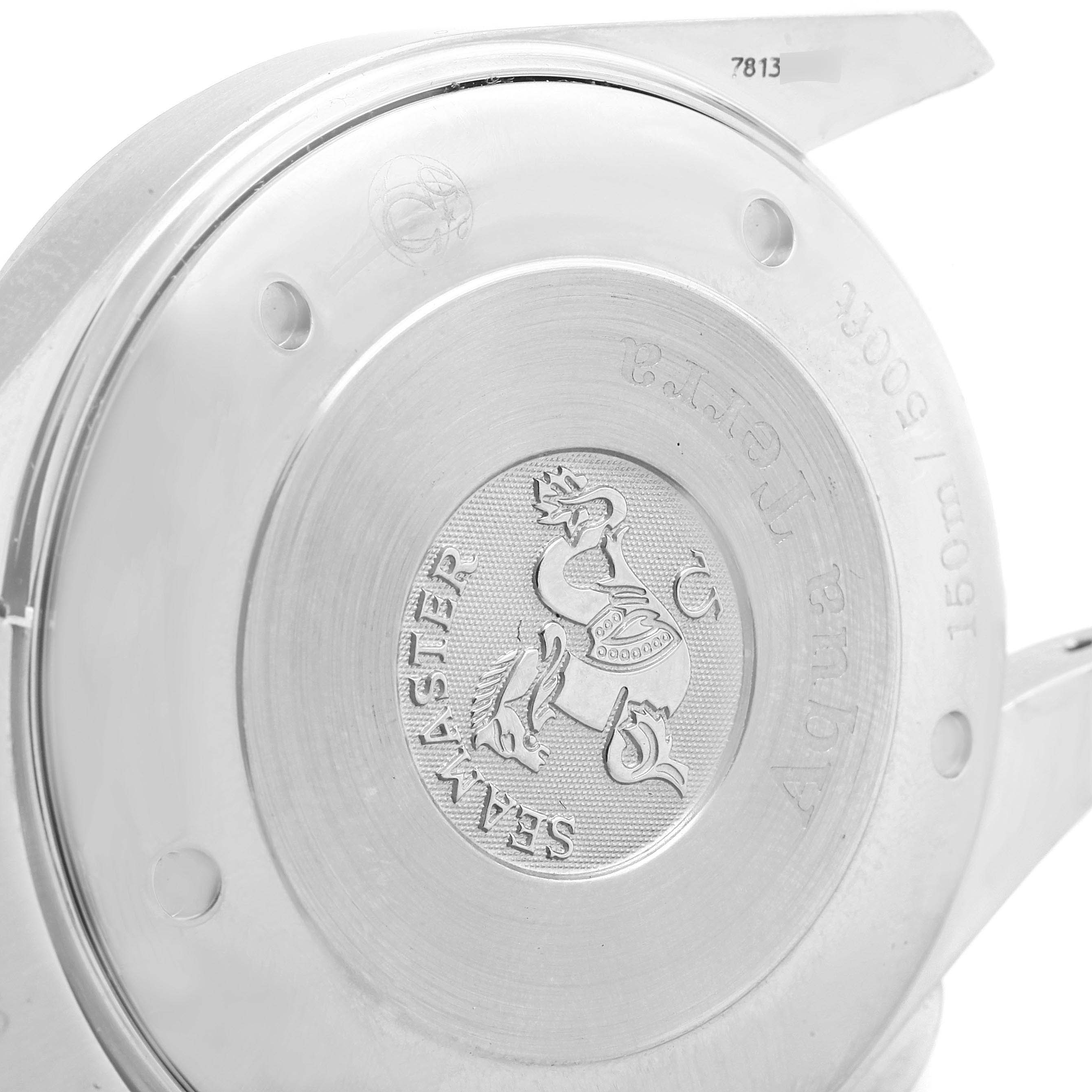 The image shows the engraved case back of the Omega Aqua Terra 221.10.42.40.01.002 Men
s Stainless Steel Black Dial 221.10.42.40.01.002 Men
s Stainless Steel Black Dial watch, showcasing the Seamaster emblem.