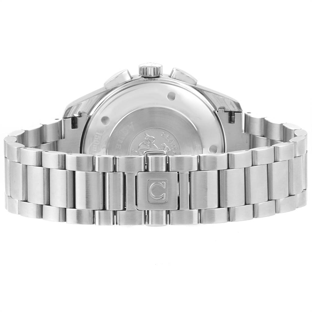 The image shows the back view of the Omega Aqua Terra 221.10.42.40.01.002 Men
s Stainless Steel Black Dial 221.10.42.40.01.002 Men
s Stainless Steel Black Dial watch, highlighting the clasp and bracelet.