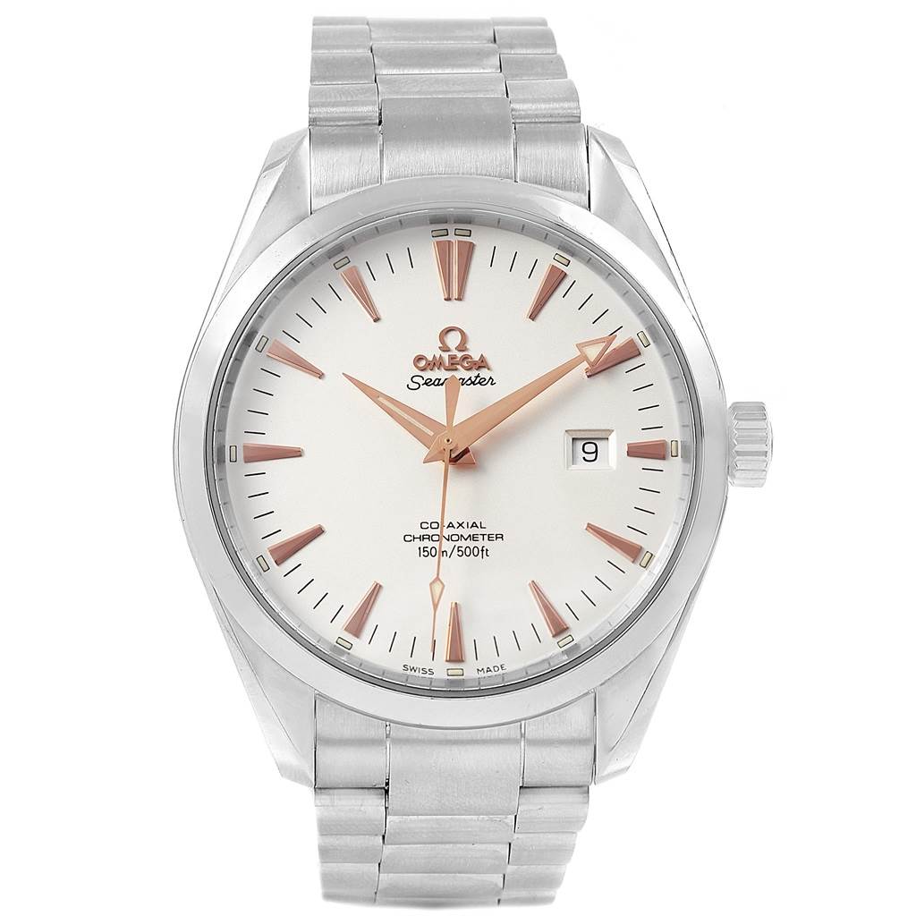 This image shows a frontal view of the Omega Aqua Terra 2502.34.00 Men
s Stainless Steel Silver Dial 2502.34.00 Men
s Stainless Steel Silver Dial watch, displaying its dial, hands, and bracelet.