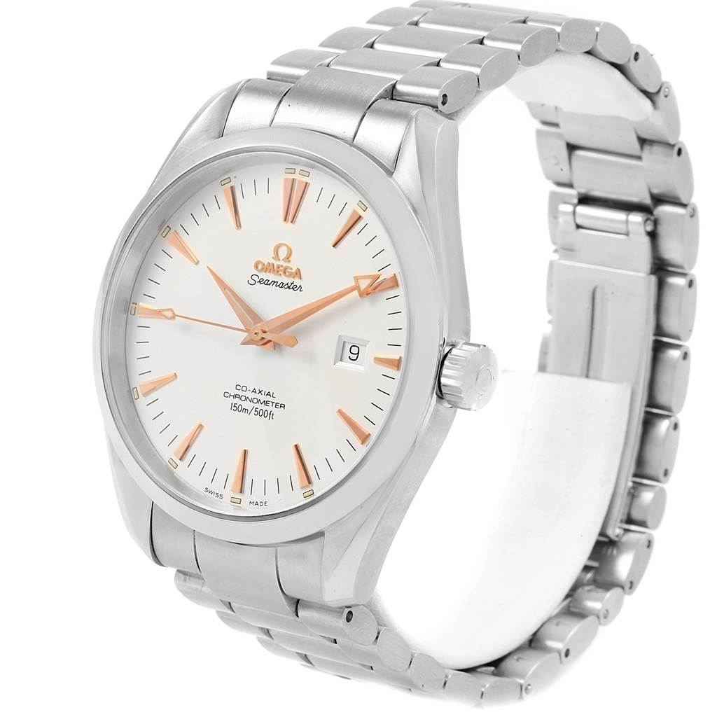 The Omega Aqua Terra 2502.34.00 Men
s Stainless Steel Silver Dial 2502.34.00 Men
s Stainless Steel Silver Dial watch is shown at a three-quarter angle, displaying its face, crown, and metal bracelet.