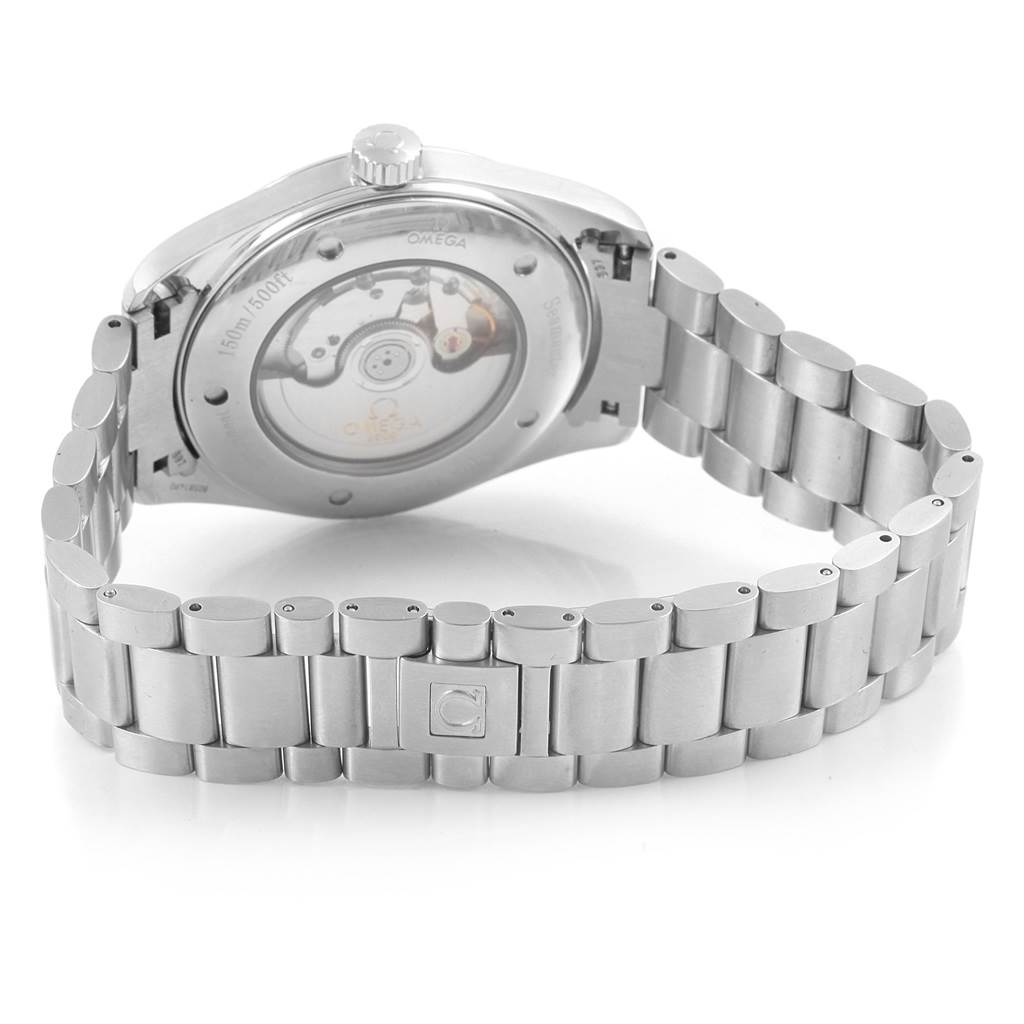 The image shows the back and bracelet of an Omega Aqua Terra 2502.34.00 Men
s Stainless Steel Silver Dial 2502.34.00 Men
s Stainless Steel Silver Dial watch, highlighting the case back and metal link strap.