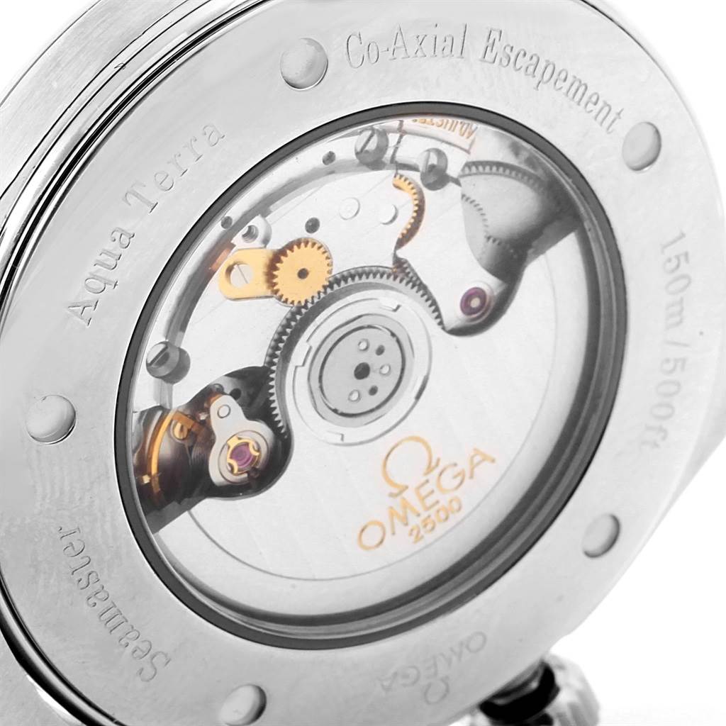 The image shows the back view of the Omega Aqua Terra 2502.34.00 Men
s Stainless Steel Silver Dial 2502.34.00 Men
s Stainless Steel Silver Dial watch, displaying its Co-Axial Escapement and internal mechanical parts.