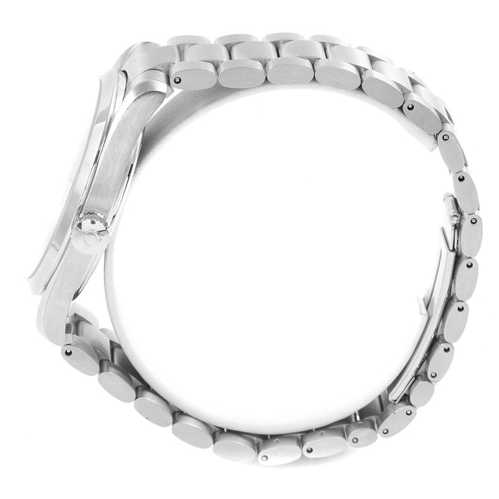 The image shows a side view of the Omega Aqua Terra 2502.34.00 Men
s Stainless Steel Silver Dial 2502.34.00 Men
s Stainless Steel Silver Dial watch
s case and metal bracelet.