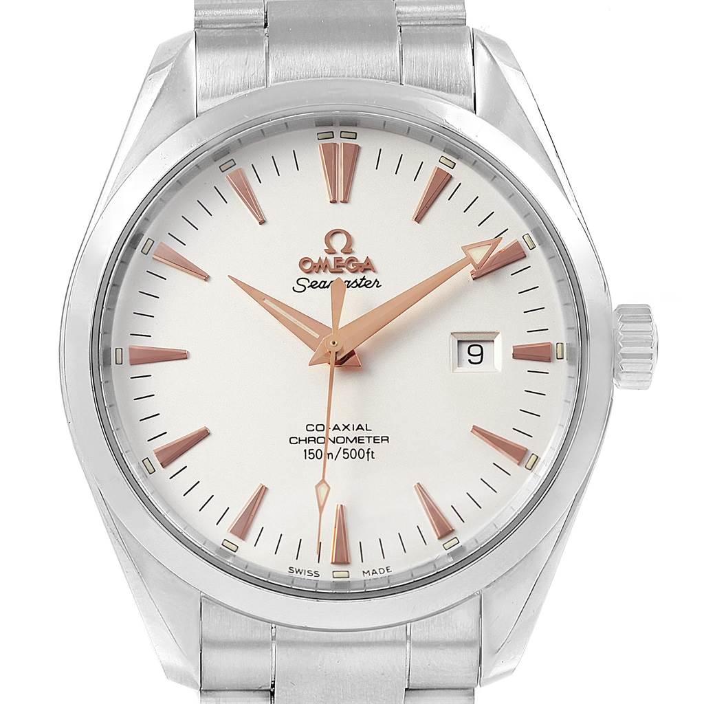 The image shows a front view of an Omega Aqua Terra 2502.34.00 Men
s Stainless Steel Silver Dial 2502.34.00 Men
s Stainless Steel Silver Dial model, displaying the face, crown, and part of the bracelet.