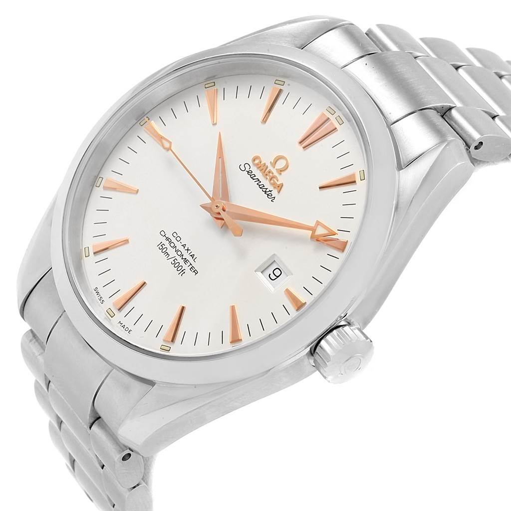 The image displays a close-up, side angle view of the Omega Aqua Terra 2502.34.00 Men
s Stainless Steel Silver Dial 2502.34.00 Men
s Stainless Steel Silver Dial watch, showing its face, bezel, crown, and bracelet.