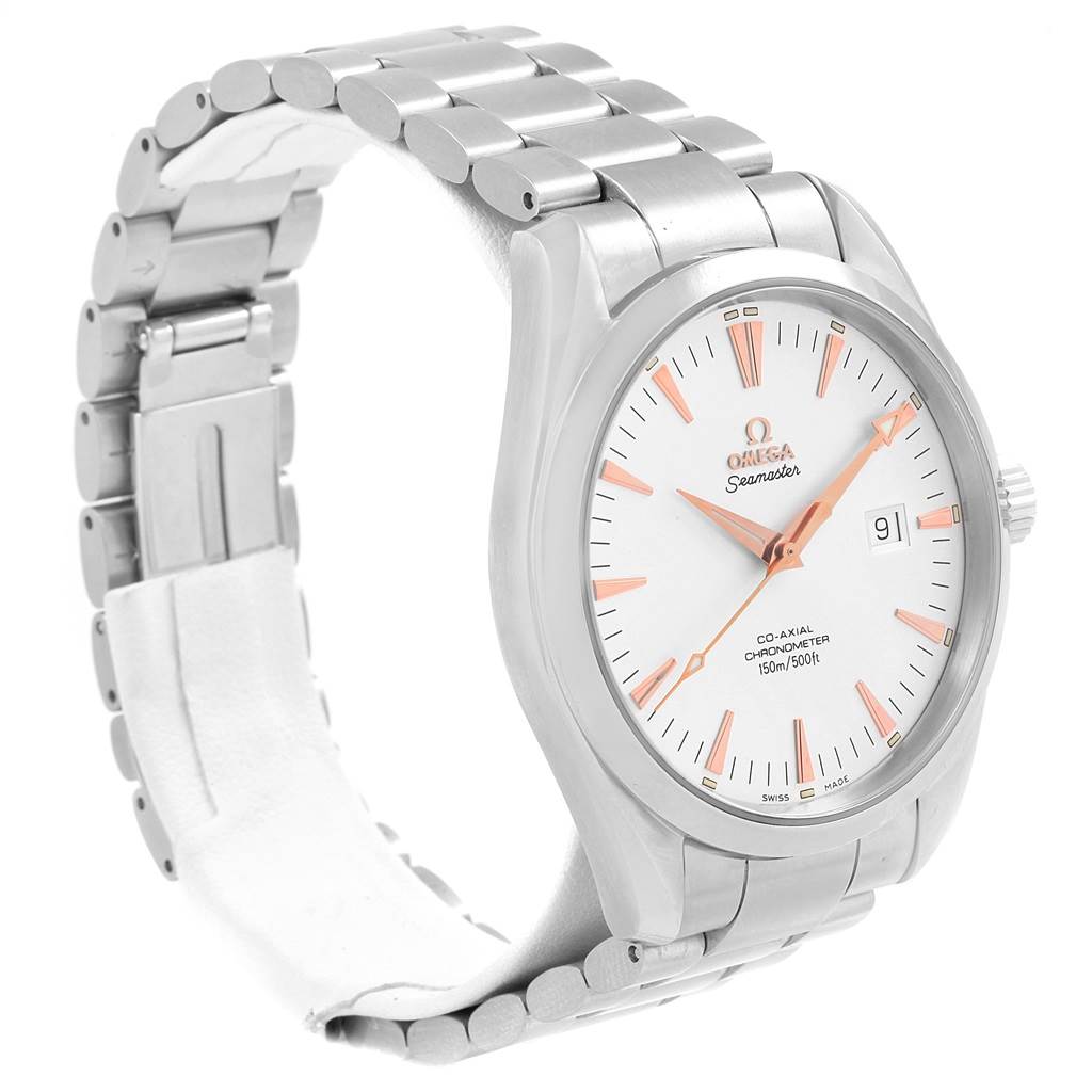 This image shows an Omega Aqua Terra 2502.34.00 Men
s Stainless Steel Silver Dial 2502.34.00 Men
s Stainless Steel Silver Dial watch from a front-left angle, highlighting the dial, bracelet, and crown.