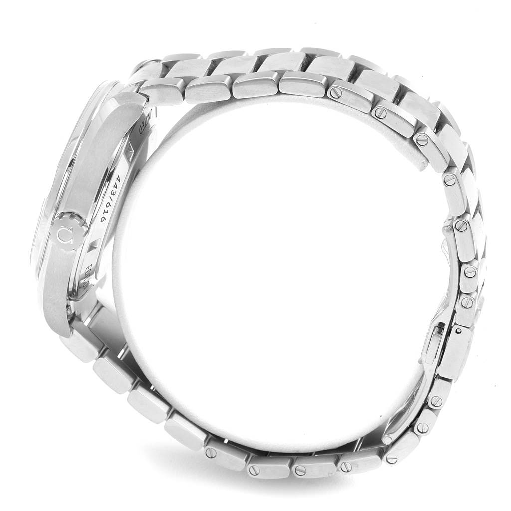 The image shows a side view of the Omega Aqua Terra 231.10.42.21.02.005 Men
s Stainless Steel Silver Dial 231.10.42.21.02.005 Men
s Stainless Steel Silver Dial watch, focusing on the case and metal bracelet.