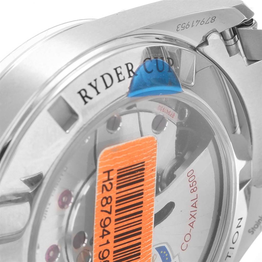 This image shows the back angle of the Omega Aqua Terra 231.10.42.21.02.005 Men
s Stainless Steel Silver Dial 231.10.42.21.02.005 Men
s Stainless Steel Silver Dial watch, highlighting the "Ryder Cup" inscription and the Co-Axial 8500 movement.