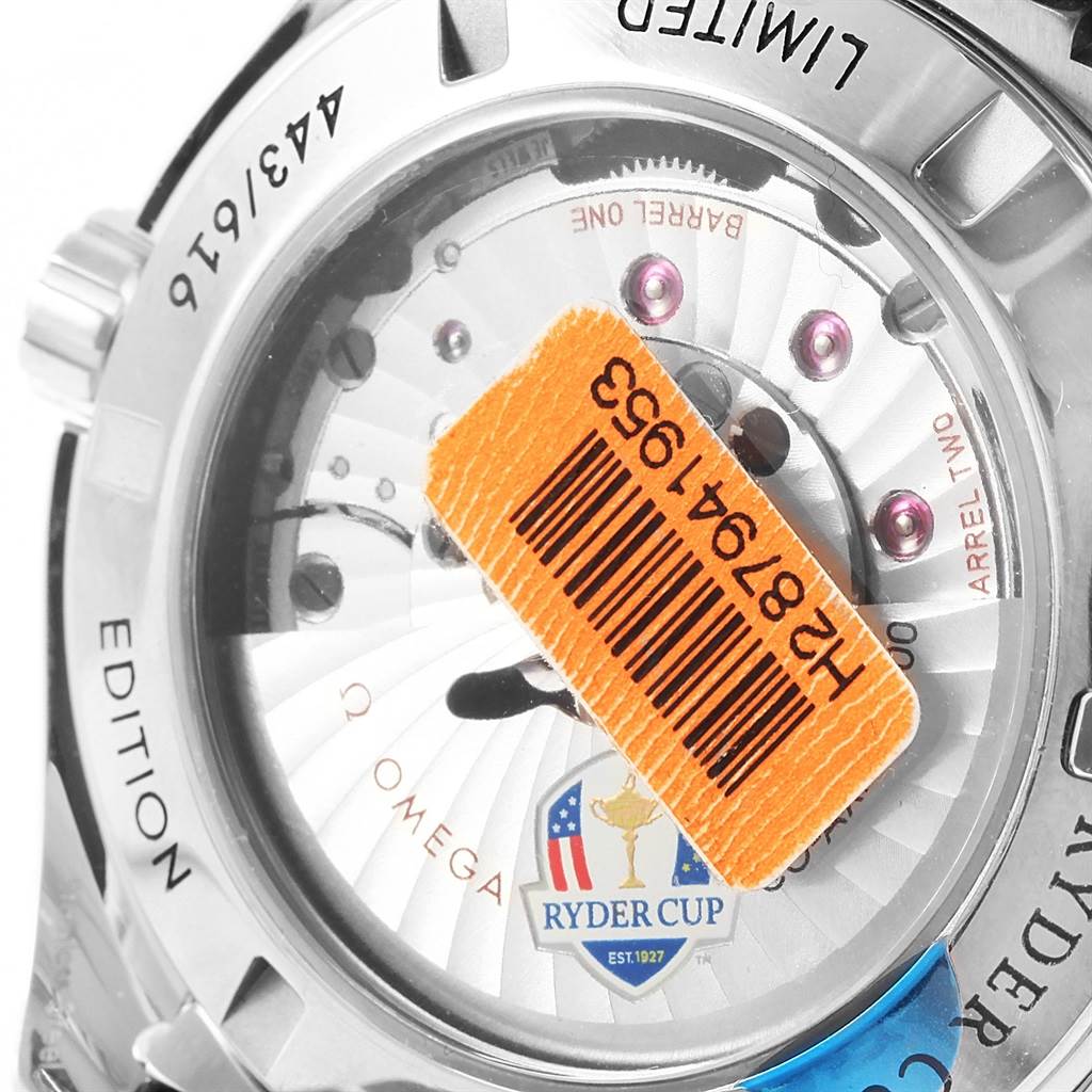 The image shows the back case of the Omega Aqua Terra 231.10.42.21.02.005 Men
s Stainless Steel Silver Dial 231.10.42.21.02.005 Men
s Stainless Steel Silver Dial watch, featuring the movement and Ryder Cup logo with a barcode sticker.