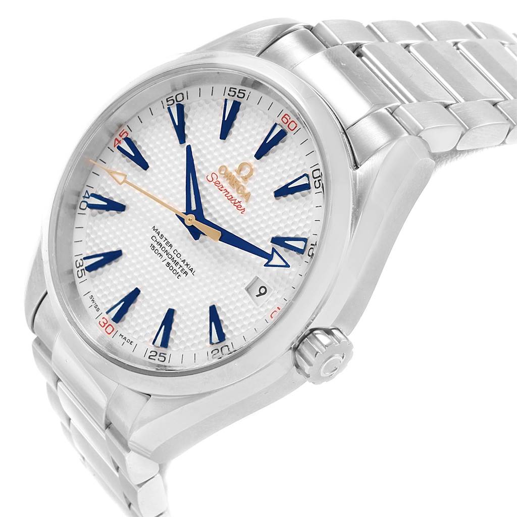 The image shows an angled view of an Omega Aqua Terra 231.10.42.21.02.005 Men
s Stainless Steel Silver Dial 231.10.42.21.02.005 Men
s Stainless Steel Silver Dial watch, highlighting its face, crown, and metal bracelet.