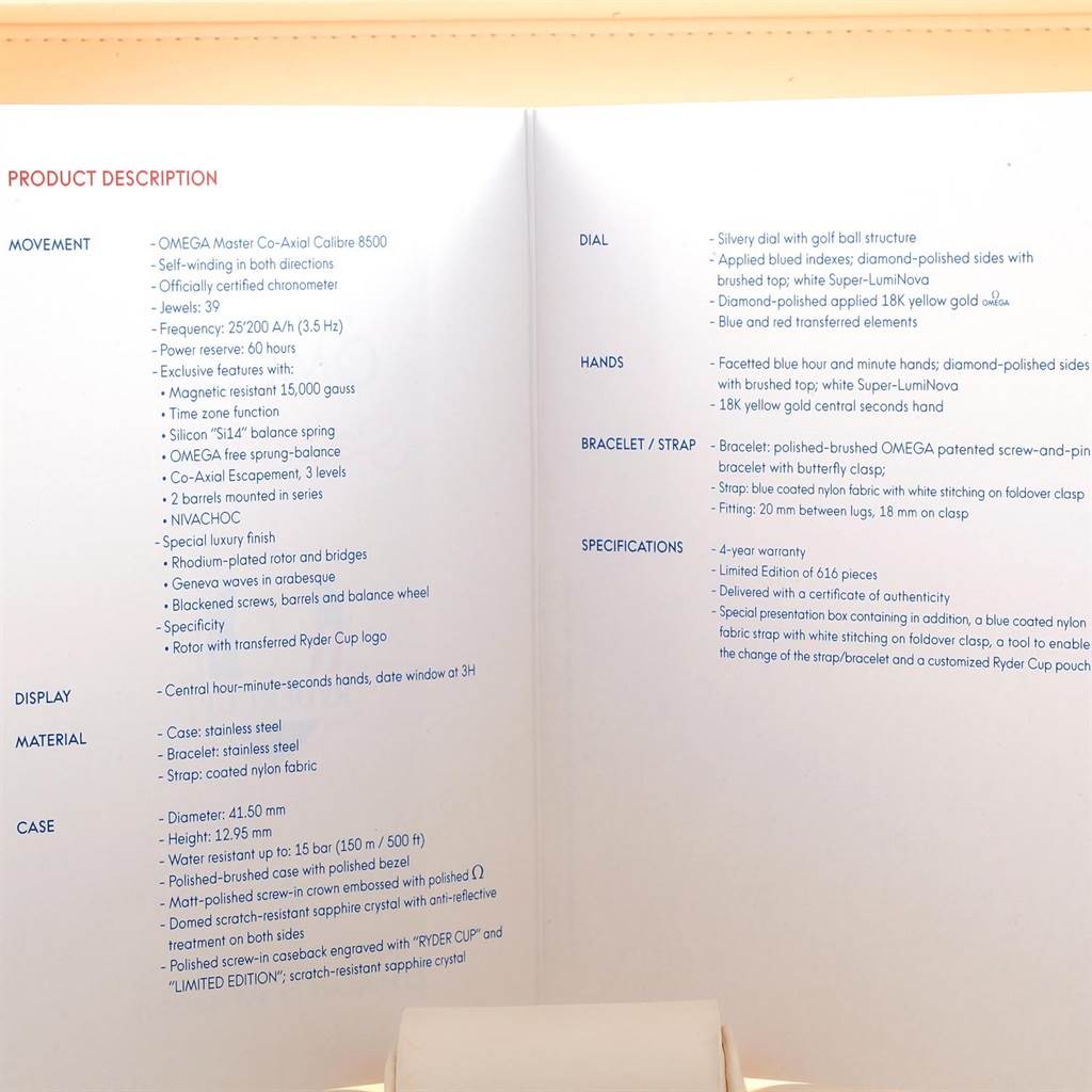 The image shows an informational pamphlet detailing the specifications and features of the Omega Aqua Terra 231.10.42.21.02.005 Men
s Stainless Steel Silver Dial 231.10.42.21.02.005 Men
s Stainless Steel Silver Dial watch model.