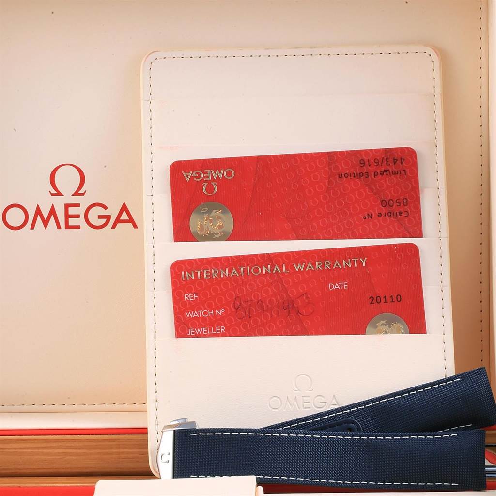 The image shows the warranty cards and an additional strap for the Omega Aqua Terra 231.10.42.21.02.005 Men
s Stainless Steel Silver Dial 231.10.42.21.02.005 Men
s Stainless Steel Silver Dial watch.