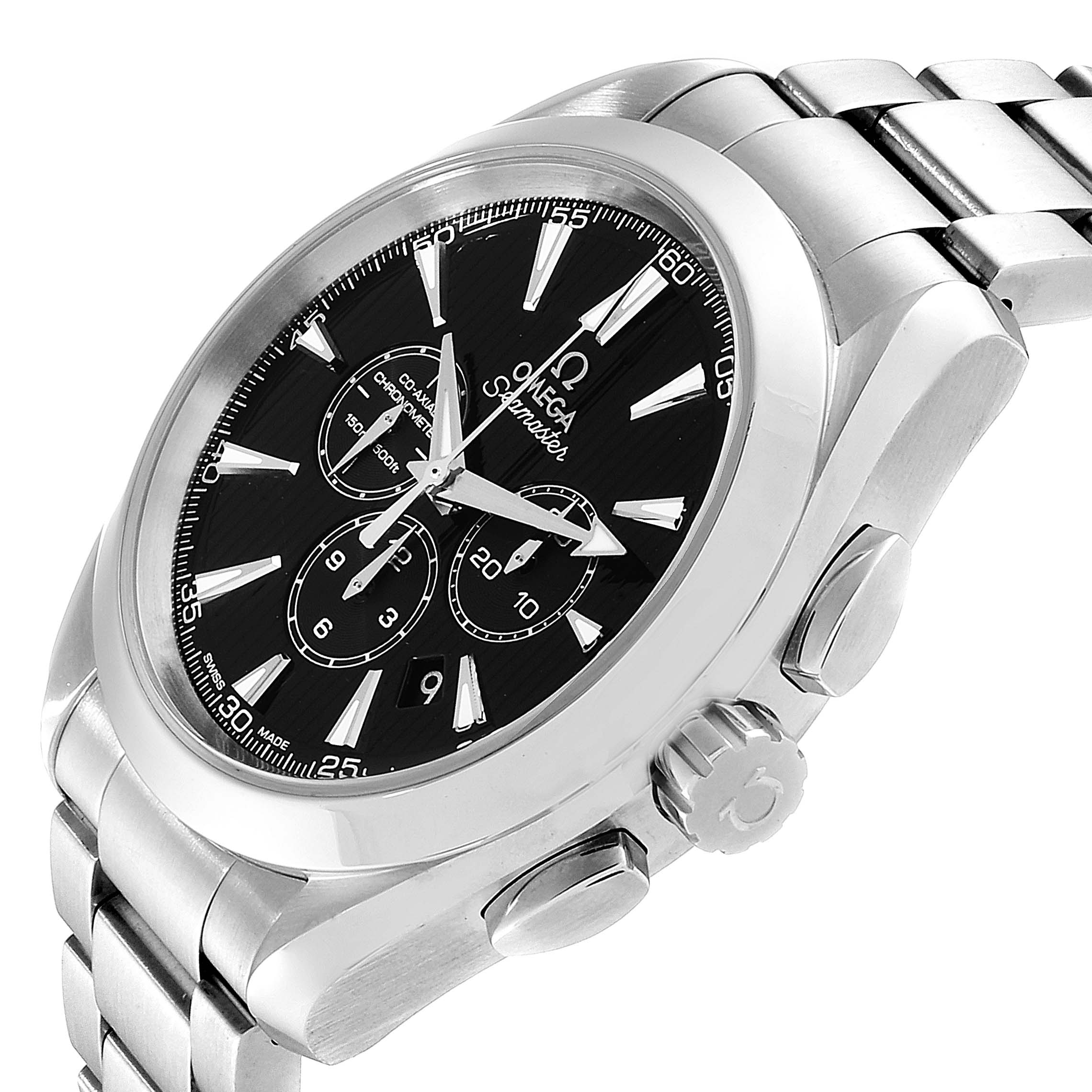 The image shows an Omega Aqua Terra 231.10.44.50.01.001 Men's Stainless Steel Black Dial 231.10.44.50.01.001 Men's Stainless Steel Black Dial watch at a 3/4 angle, highlighting its face, crown, and stainless steel bracelet.