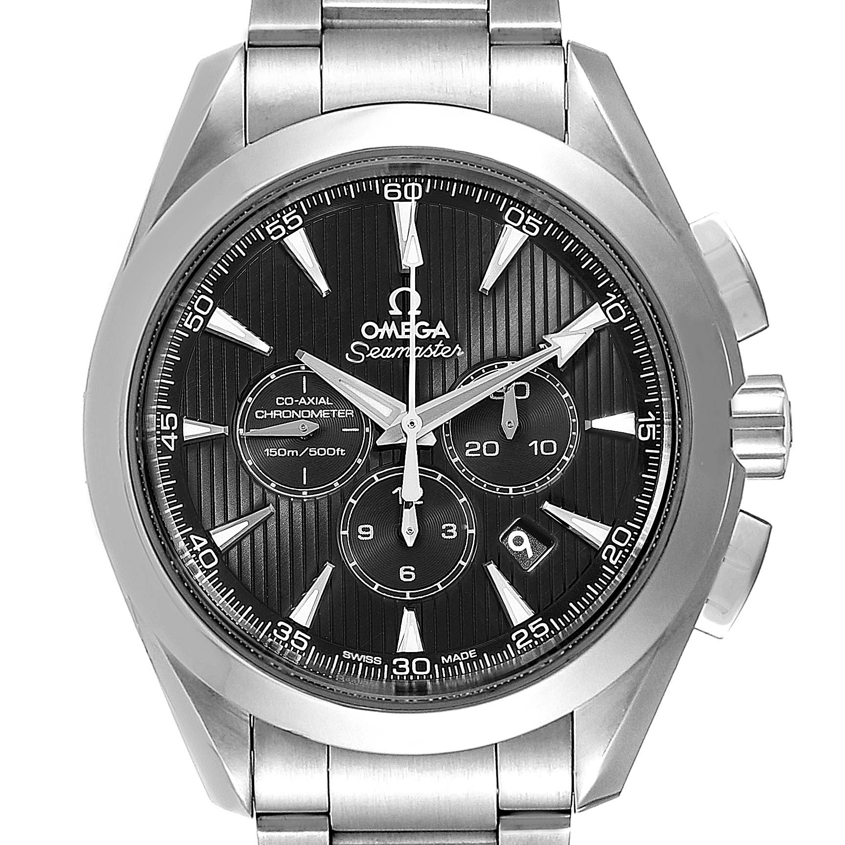 The image shows a frontal view of the Omega Aqua Terra 231.10.44.50.01.001 Men's Stainless Steel Black Dial 231.10.44.50.01.001 Men's Stainless Steel Black Dial watch, showcasing its dial, markers, and bracelet.