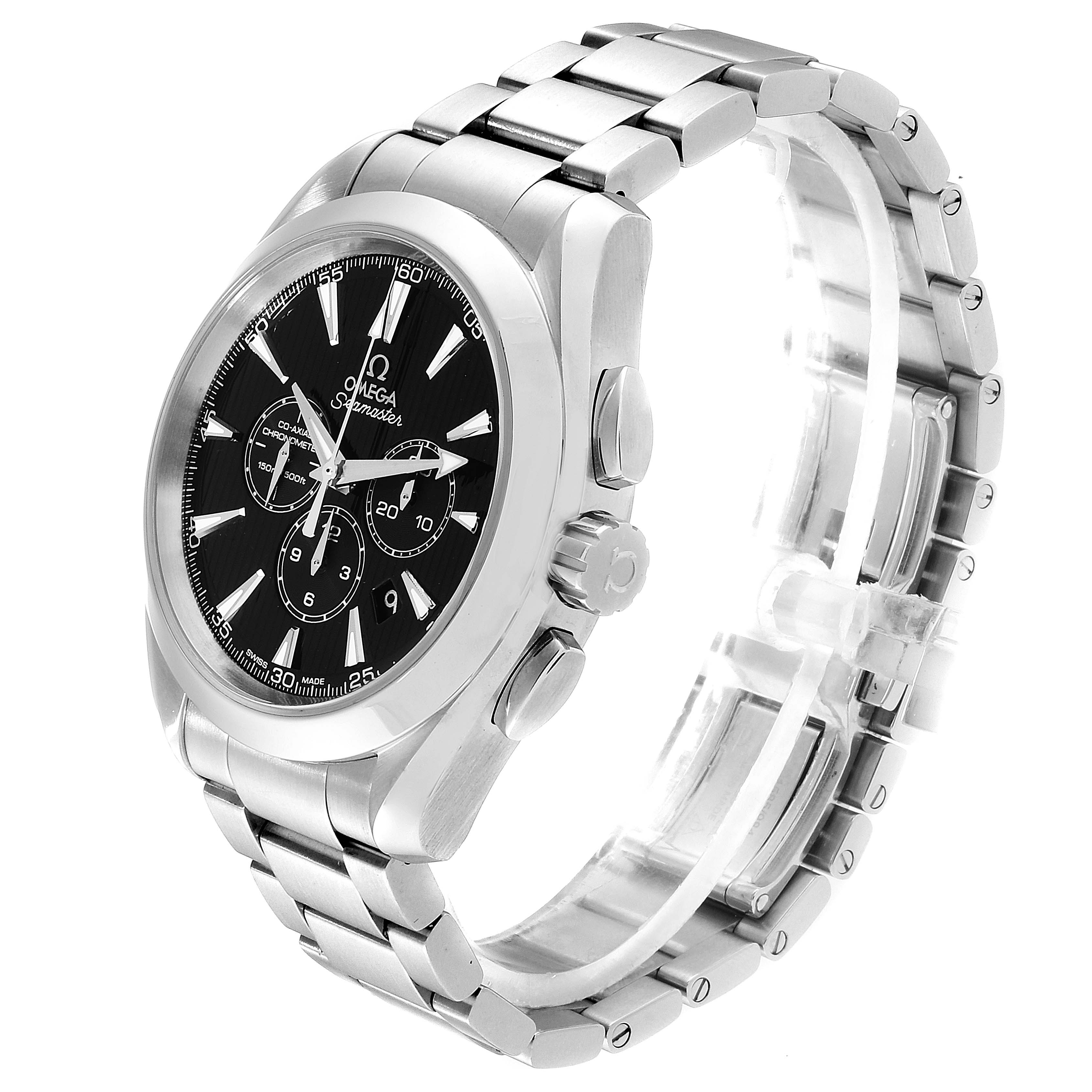 This image shows a side and front angle of the Omega Aqua Terra 231.10.44.50.01.001 Men's Stainless Steel Black Dial 231.10.44.50.01.001 Men's Stainless Steel Black Dial watch, highlighting the bezel, dial, crown, and bracelet.