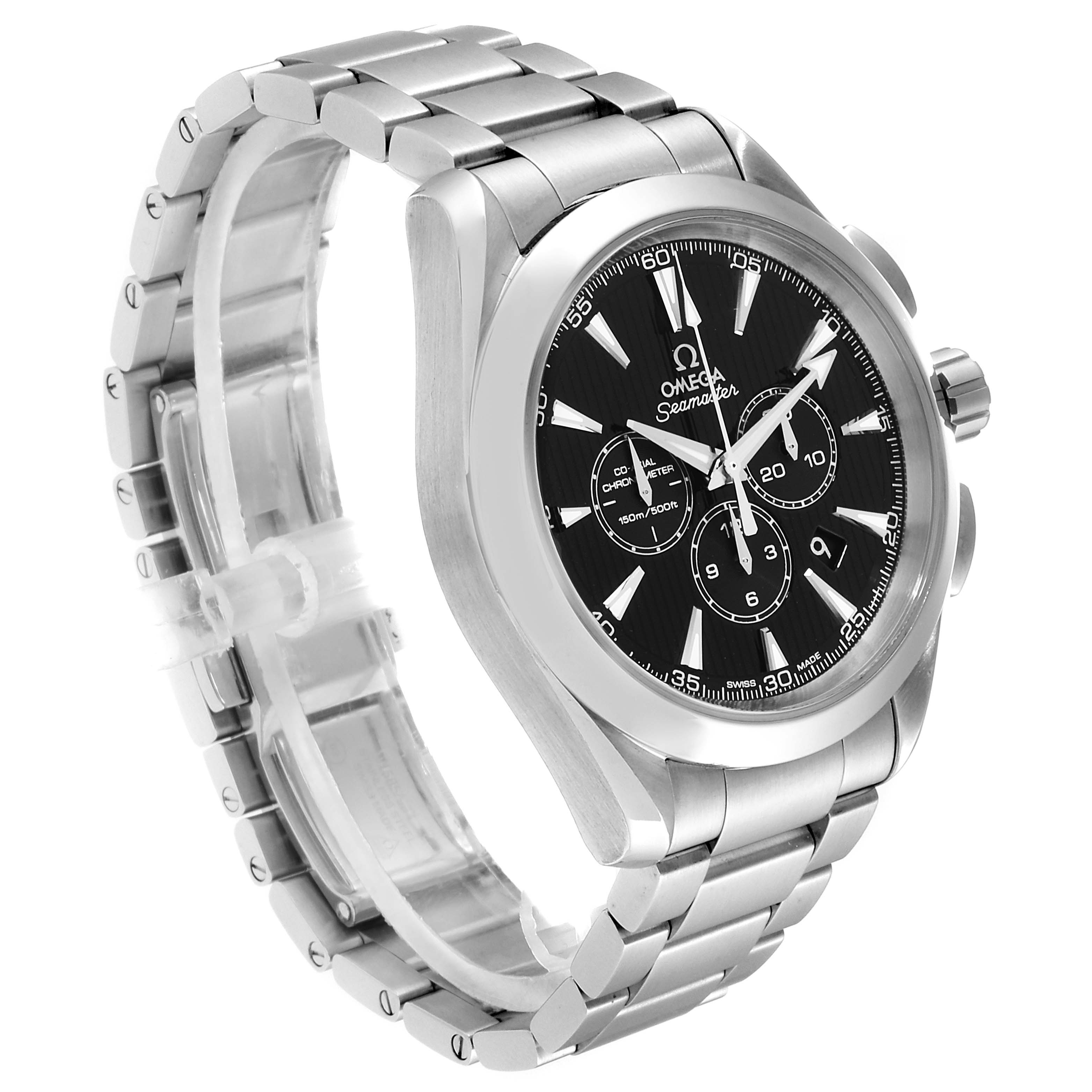 The Omega Aqua Terra 231.10.44.50.01.001 Men's Stainless Steel Black Dial 231.10.44.50.01.001 Men's Stainless Steel Black Dial watch is shown at an angle highlighting its face, crown, and stainless steel bracelet.