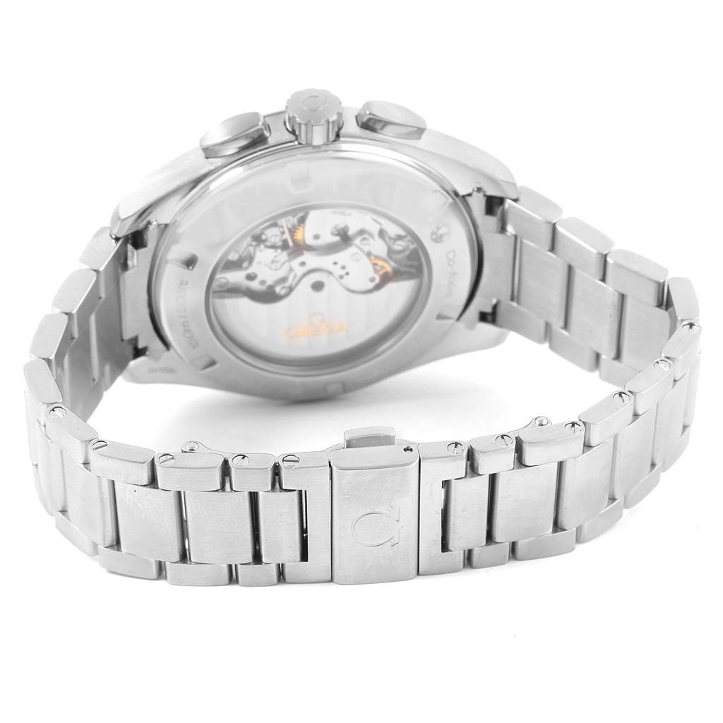 The image shows the back of an Omega Aqua Terra 231.10.44.50.01.001 Men's Stainless Steel Black Dial 231.10.44.50.01.001 Men's Stainless Steel Black Dial watch, focusing on the stainless steel bracelet and exhibition case back.