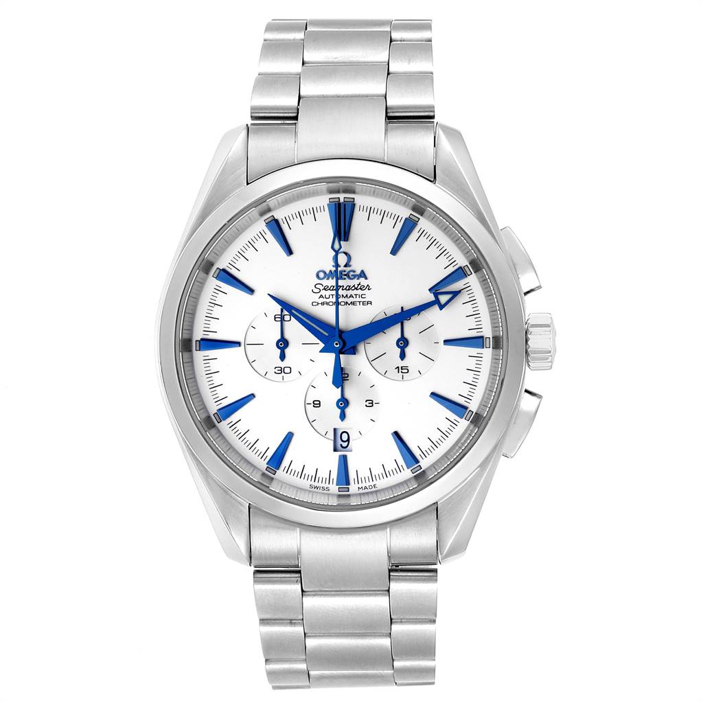 The image shows a frontal view of the Omega Aqua Terra 2512.30.00 Men
s Stainless Steel Silver Dial 2512.30.00 Men
s Stainless Steel Silver Dial watch, highlighting its dial, hands, markers, chronograph sub-dials, and stainless steel band.