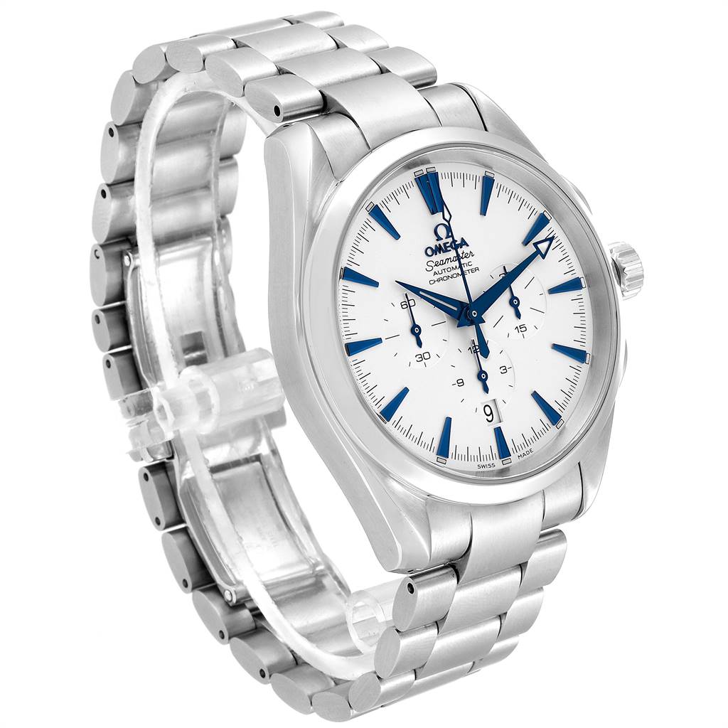 The image shows the Omega Aqua Terra 2512.30.00 Men
s Stainless Steel Silver Dial 2512.30.00 Men
s Stainless Steel Silver Dial watch at a 3/4 angle, highlighting the face, bezel, and part of the stainless steel bracelet.